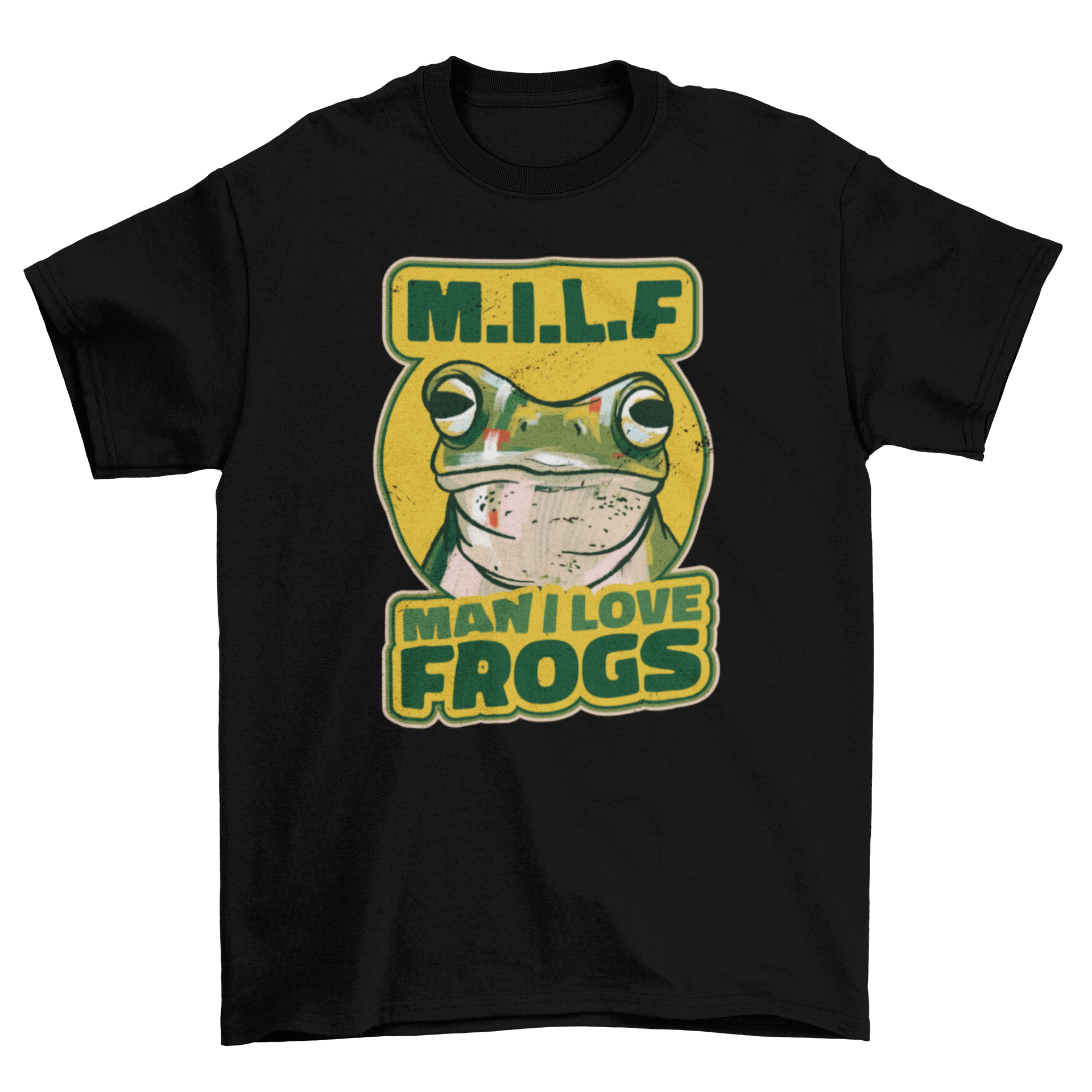 A humorous t-shirt featuring a frog and the caption 'M.I.L.F - Man, I Love Frogs', perfect for frog enthusiasts.