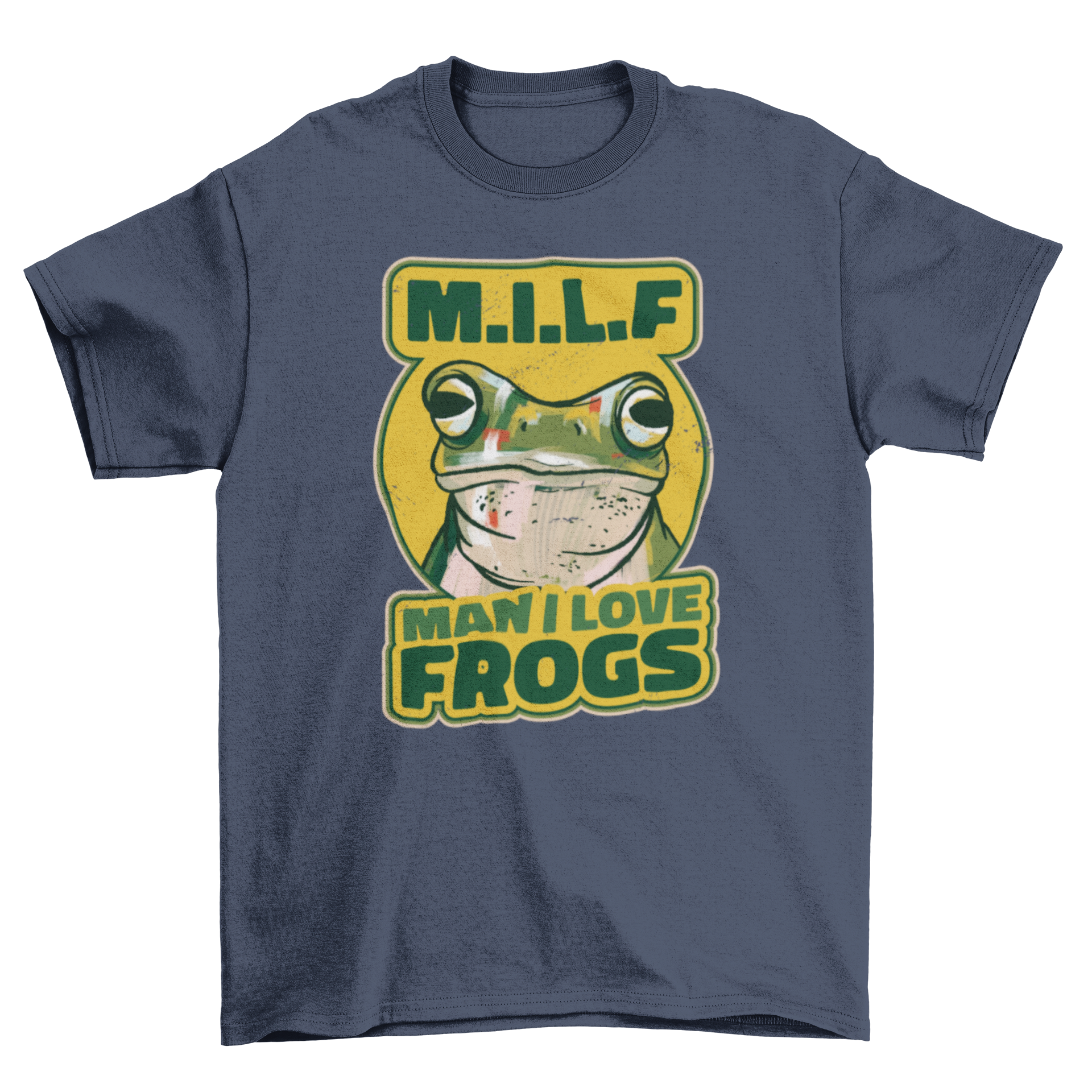 A humorous t-shirt featuring a frog and the caption 'M.I.L.F - Man, I Love Frogs', perfect for frog enthusiasts.