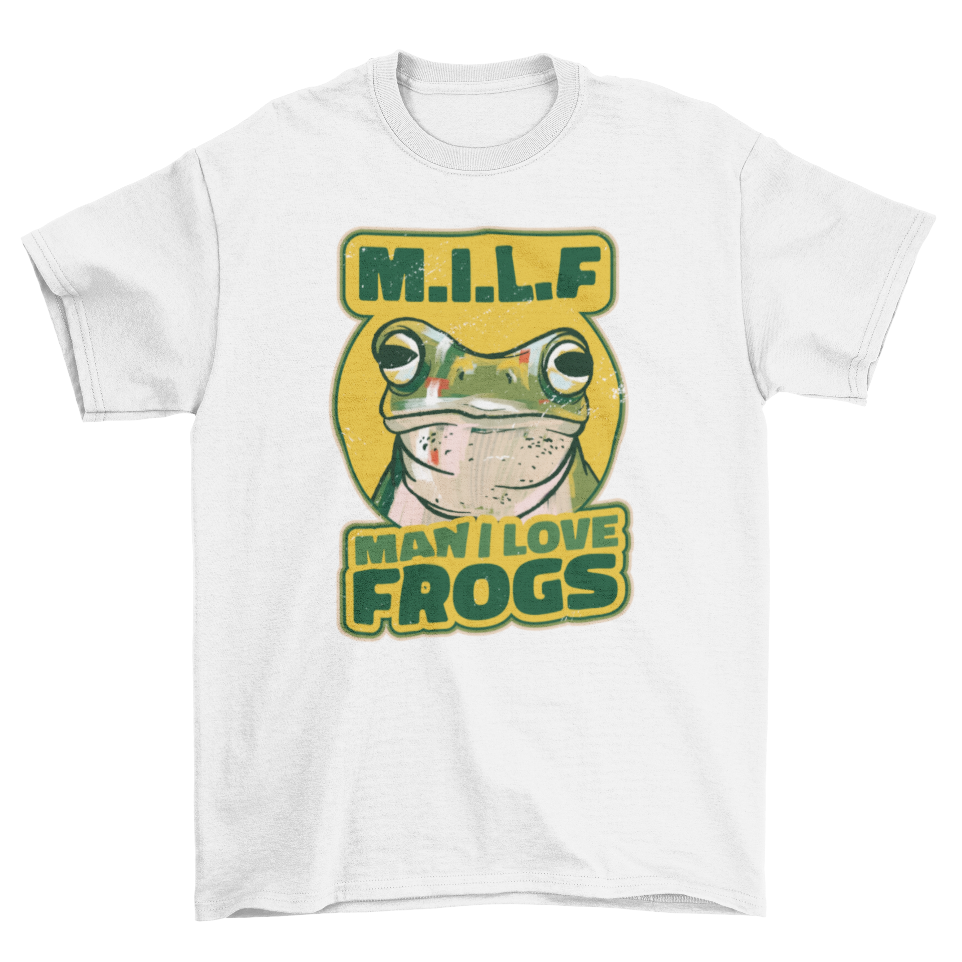 A humorous t-shirt featuring a frog and the caption 'M.I.L.F - Man, I Love Frogs', perfect for frog enthusiasts.