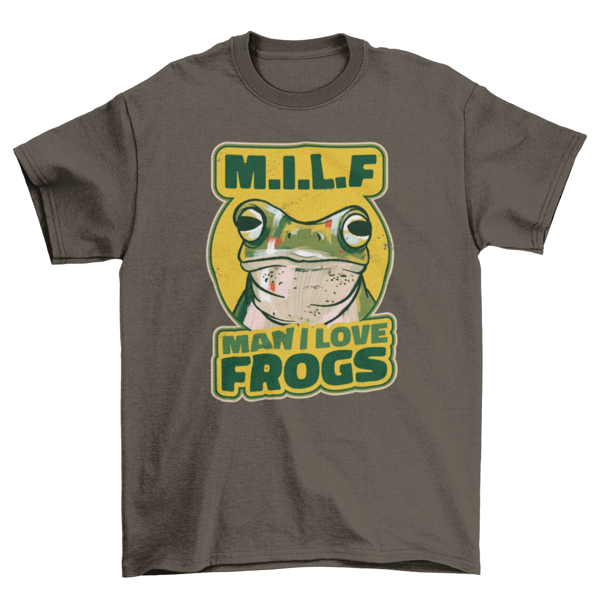 A humorous t-shirt featuring a frog and the caption 'M.I.L.F - Man, I Love Frogs', perfect for frog enthusiasts.