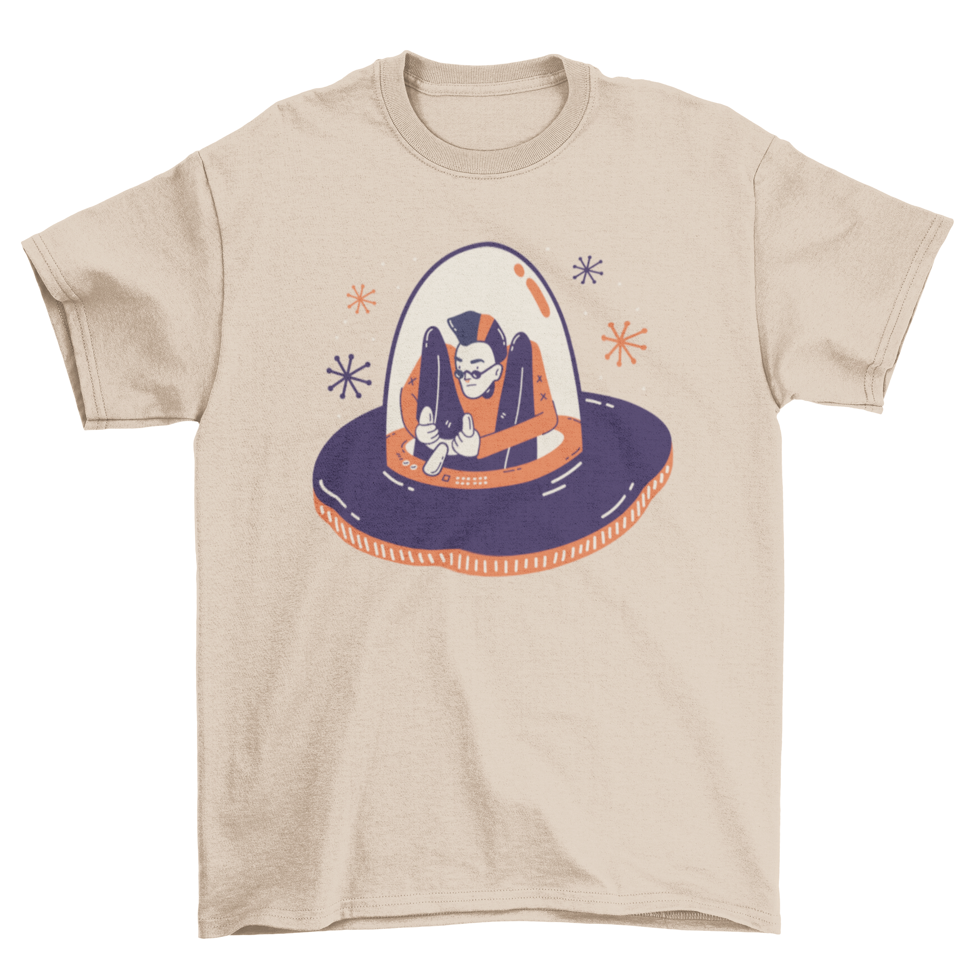 A stylish t-shirt featuring a futuristic illustration of a man in a flying saucer, showcasing vibrant colors and unique design.