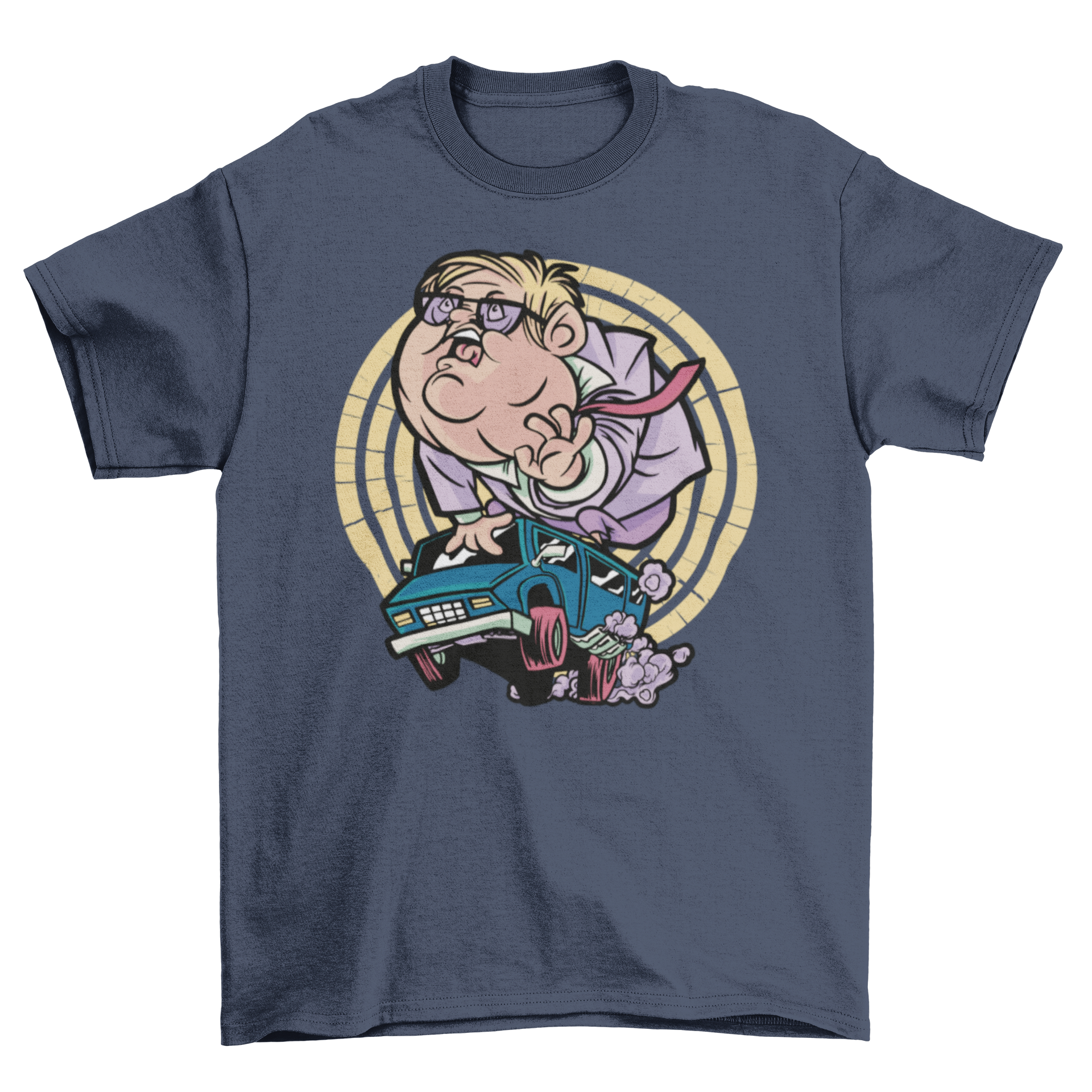 A cartoon t-shirt featuring a man driving a small van, showcasing a humorous design.