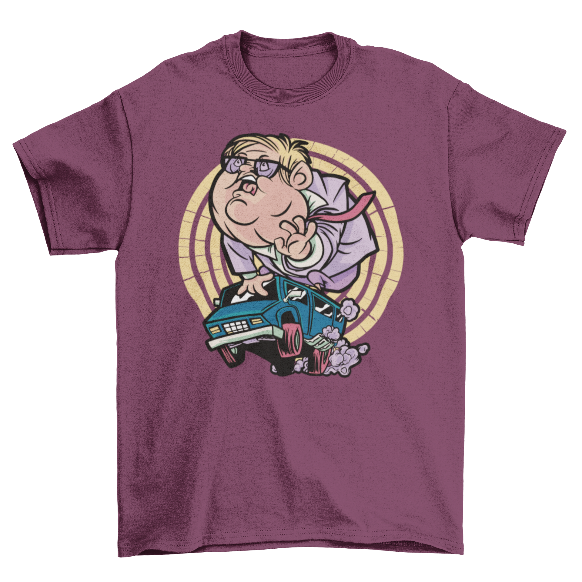 A cartoon t-shirt featuring a man driving a small van, showcasing a humorous design.