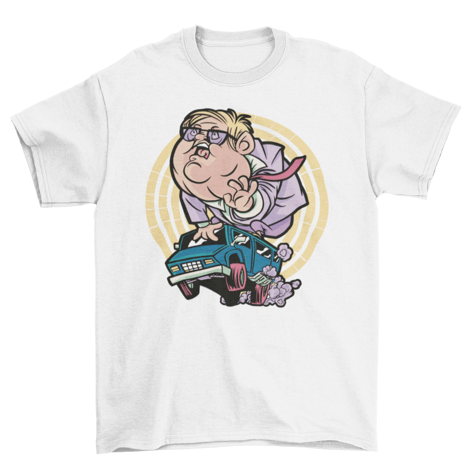 A cartoon t-shirt featuring a man driving a small van, showcasing a humorous design.