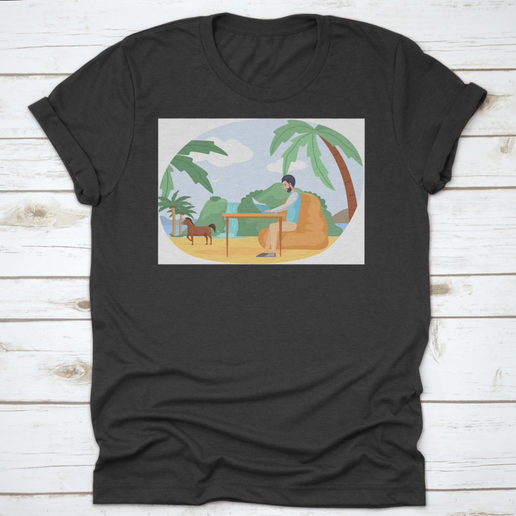 A young man sitting at a table outdoors, reading a book while wearing a comfortable cotton shirt.