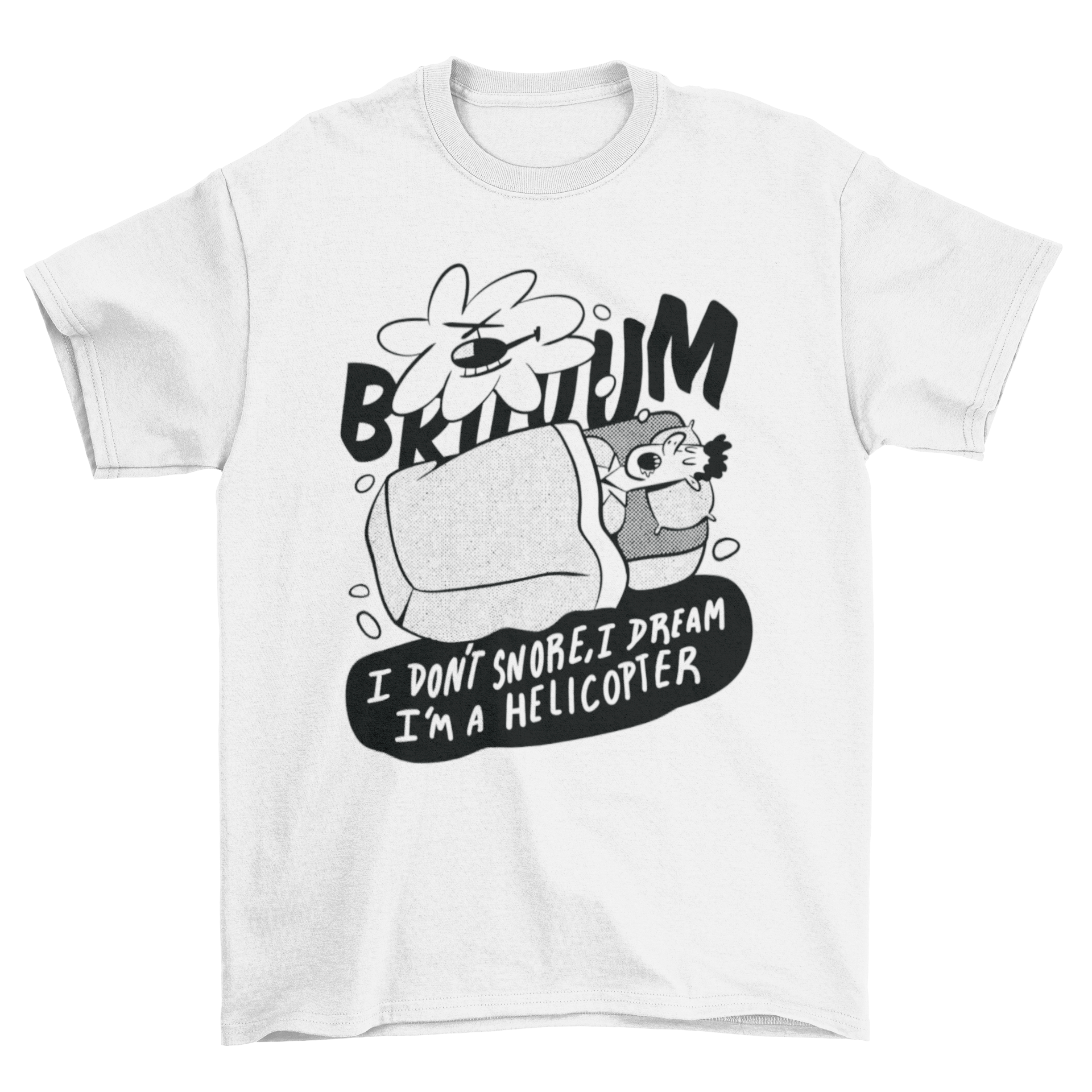 Funny t-shirt featuring a man sleeping with a humorous quote about snoring.