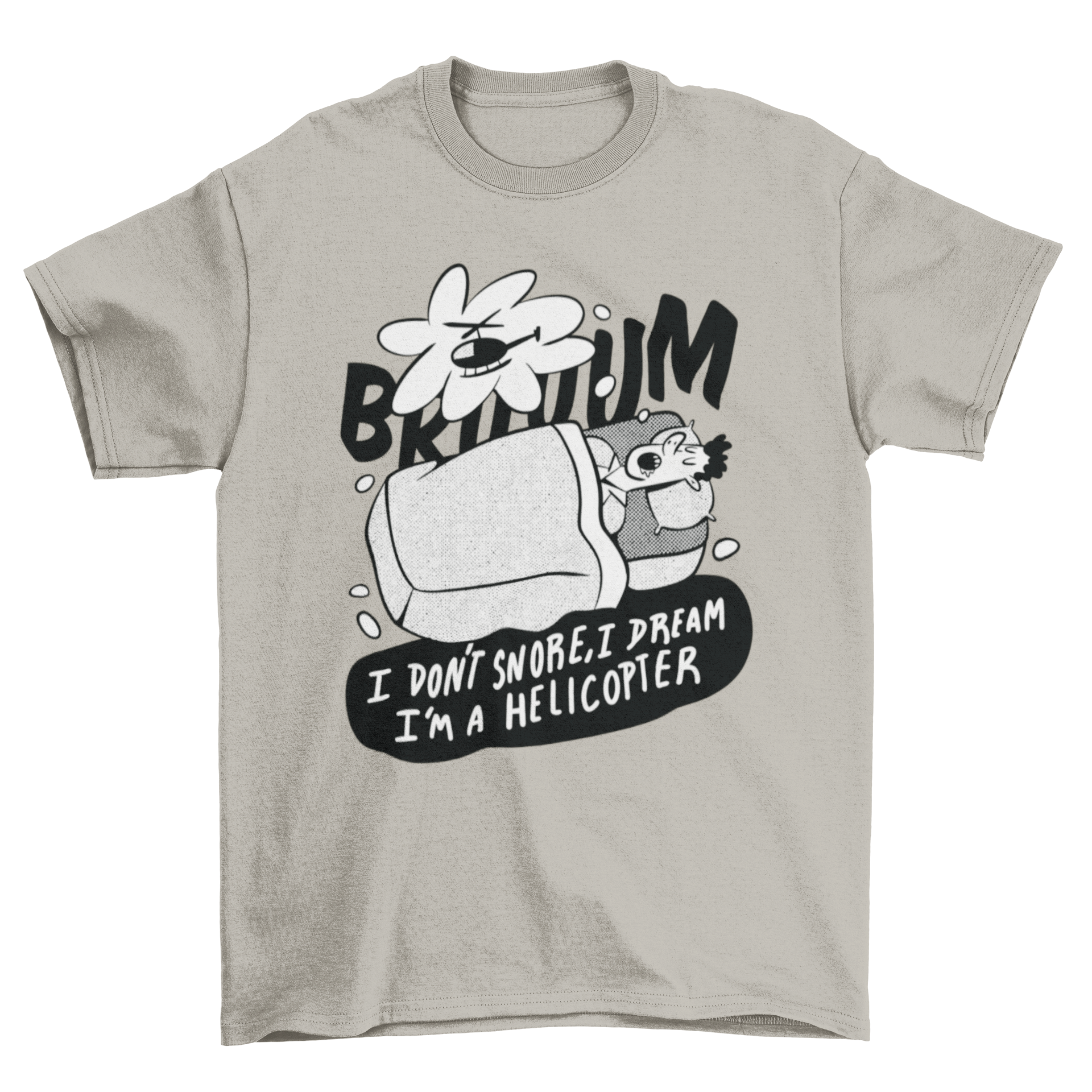 Funny t-shirt featuring a man sleeping with a humorous quote about snoring.