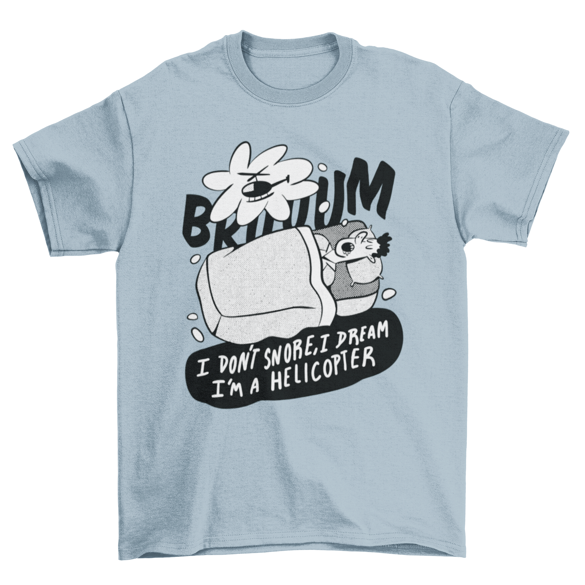 Funny t-shirt featuring a man sleeping with a humorous quote about snoring.