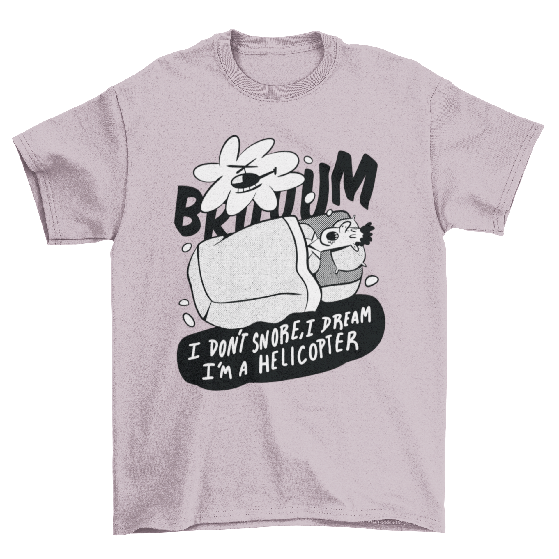 Funny t-shirt featuring a man sleeping with a humorous quote about snoring.