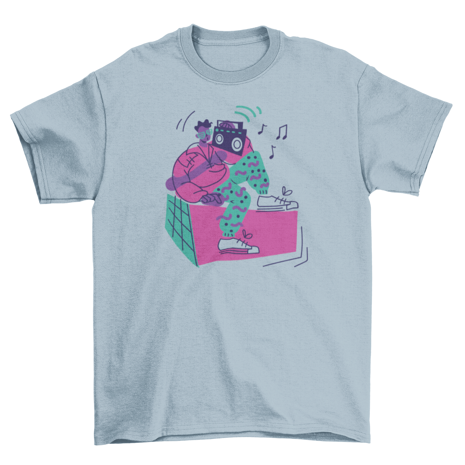 A stylish retro t-shirt featuring a boy with a boombox radio, showcasing vibrant colors and a nostalgic design.