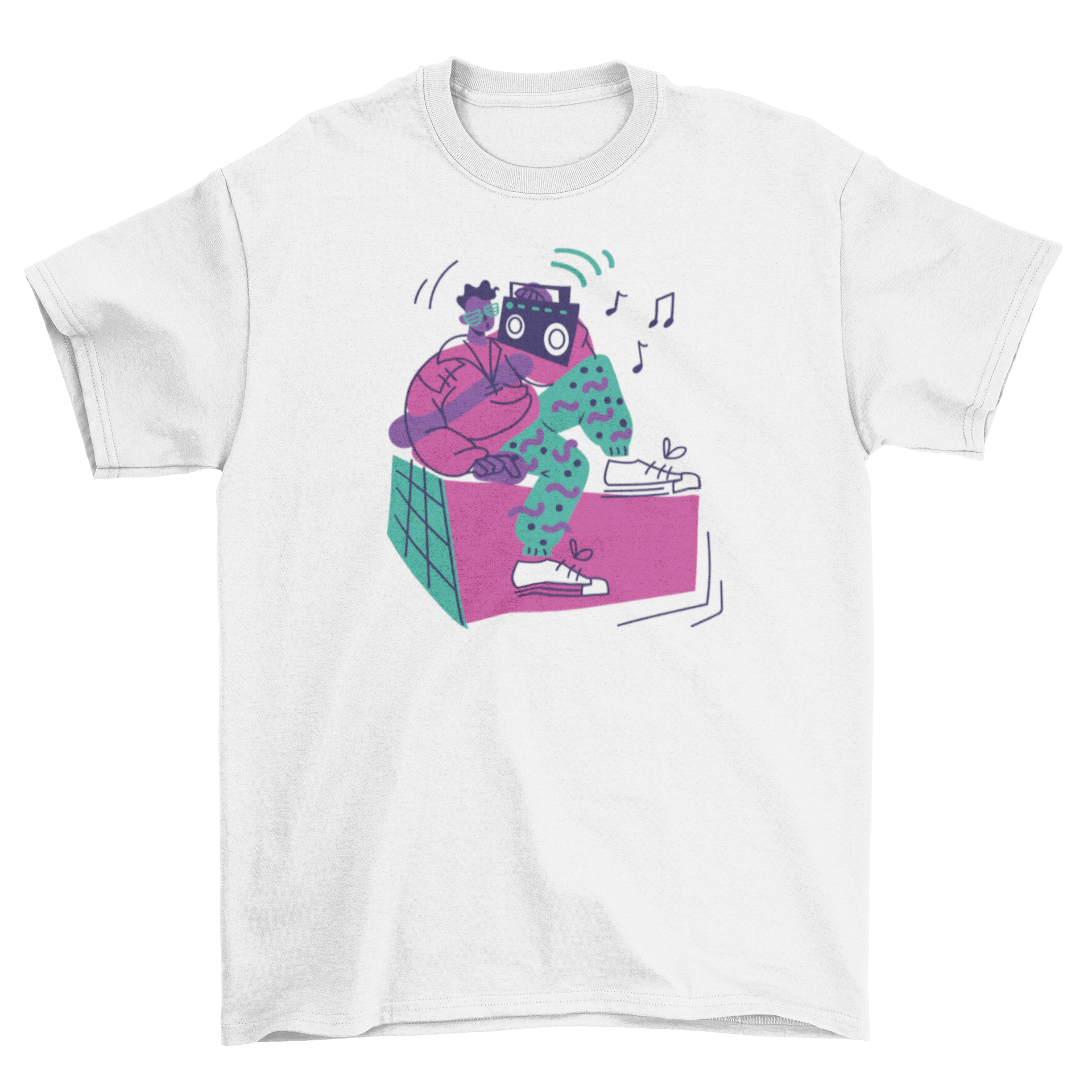 A stylish retro t-shirt featuring a boy with a boombox radio, showcasing vibrant colors and a nostalgic design.