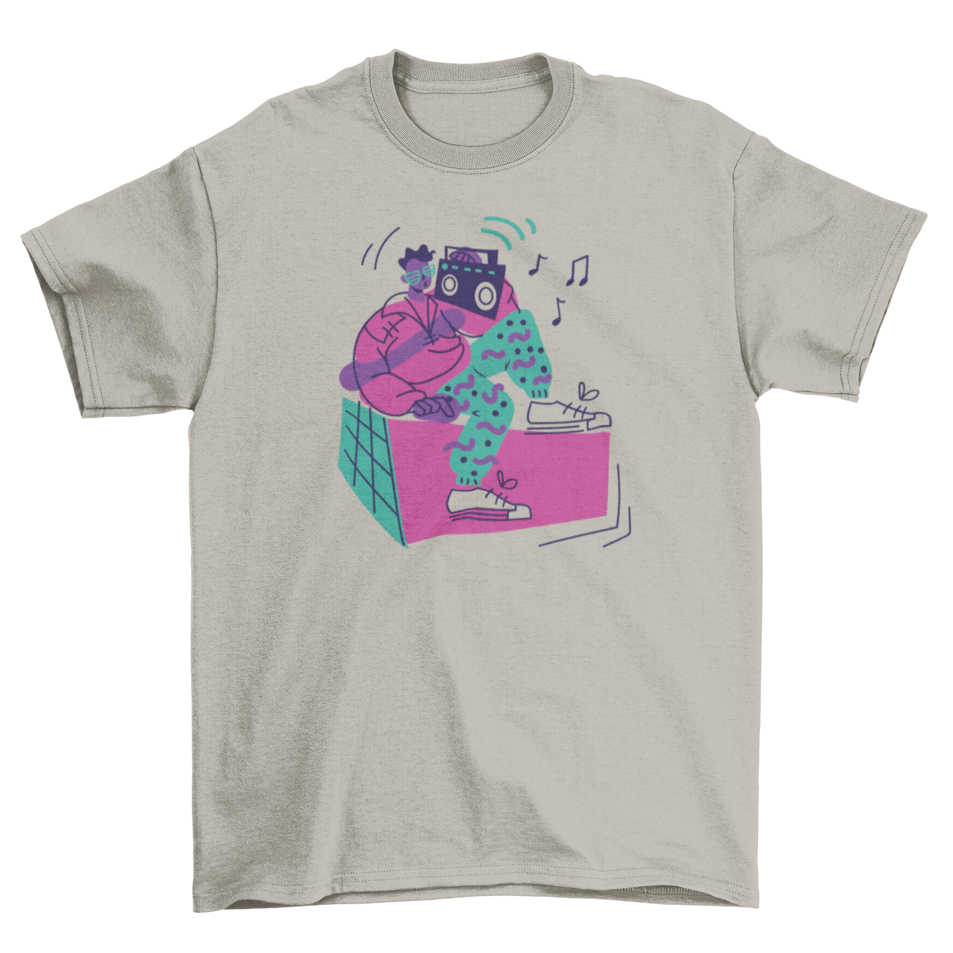 A stylish retro t-shirt featuring a boy with a boombox radio, showcasing vibrant colors and a nostalgic design.