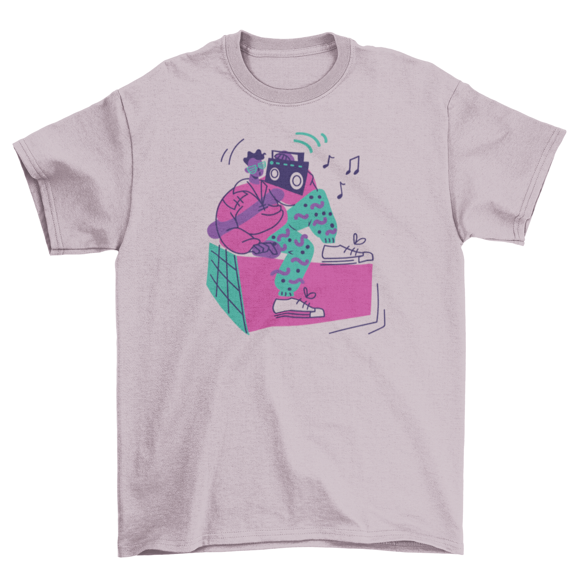 A stylish retro t-shirt featuring a boy with a boombox radio, showcasing vibrant colors and a nostalgic design.