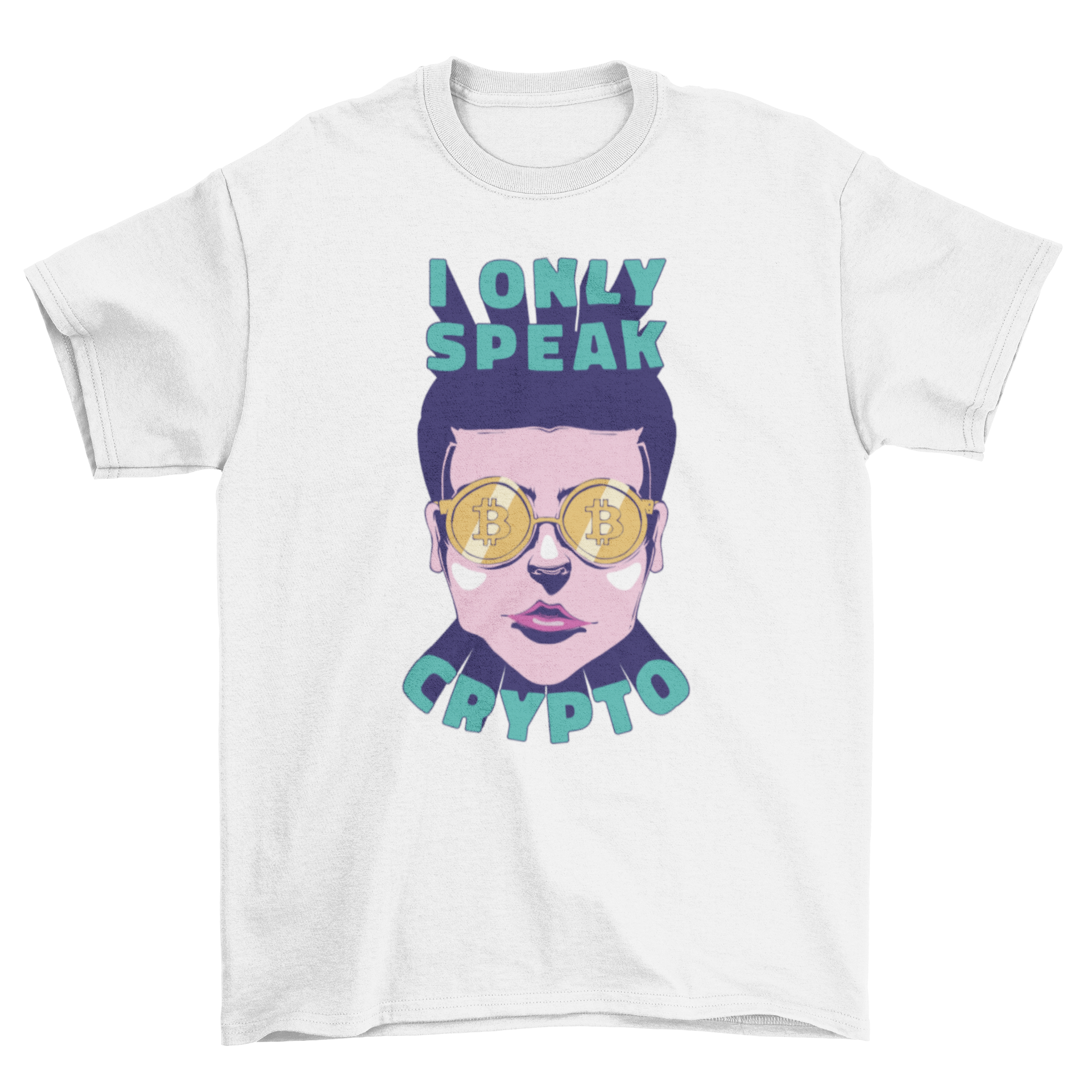 A stylish t-shirt featuring a man wearing cryptocurrency glasses and the quote 'I only speak crypto'.