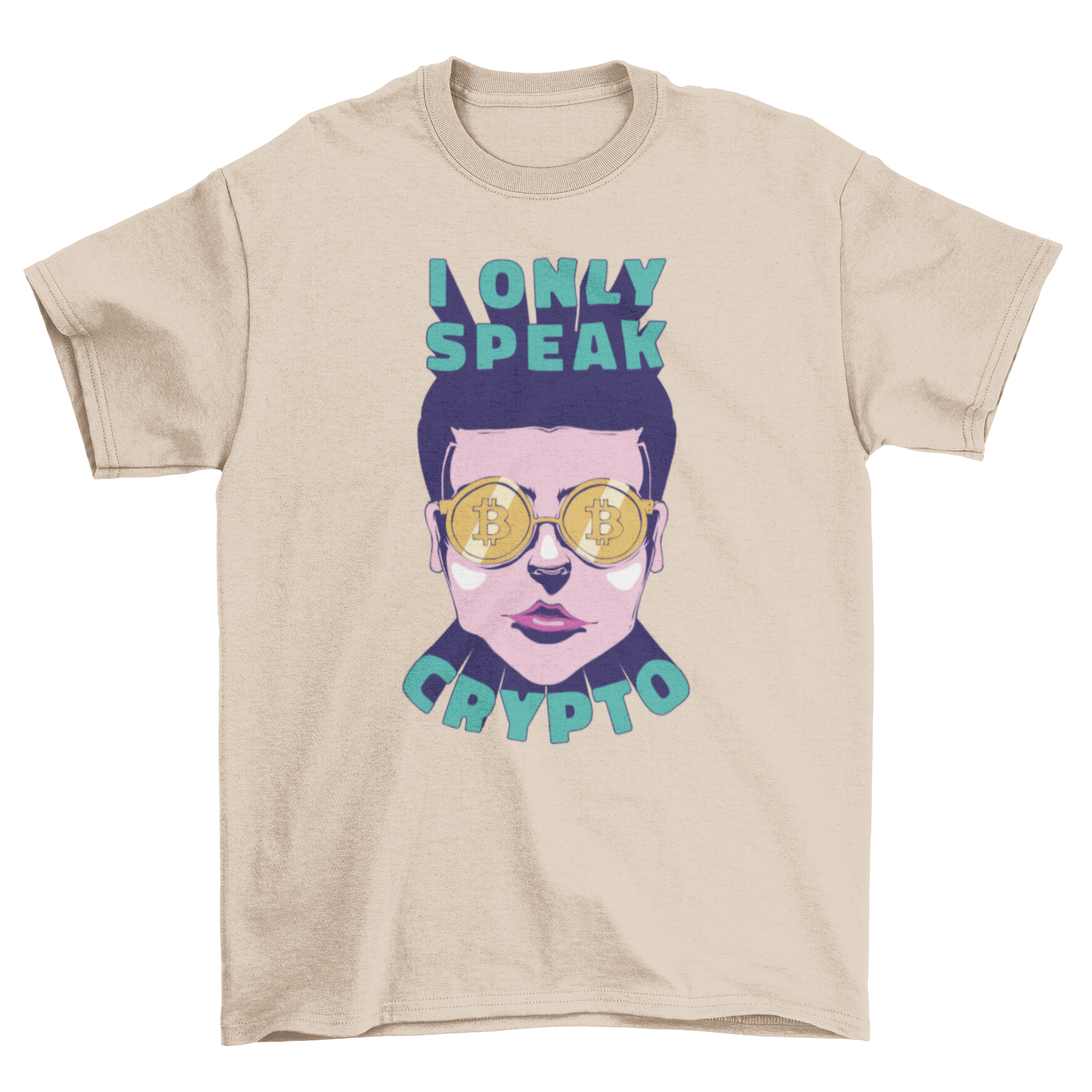 A stylish t-shirt featuring a man wearing cryptocurrency glasses and the quote 'I only speak crypto'.