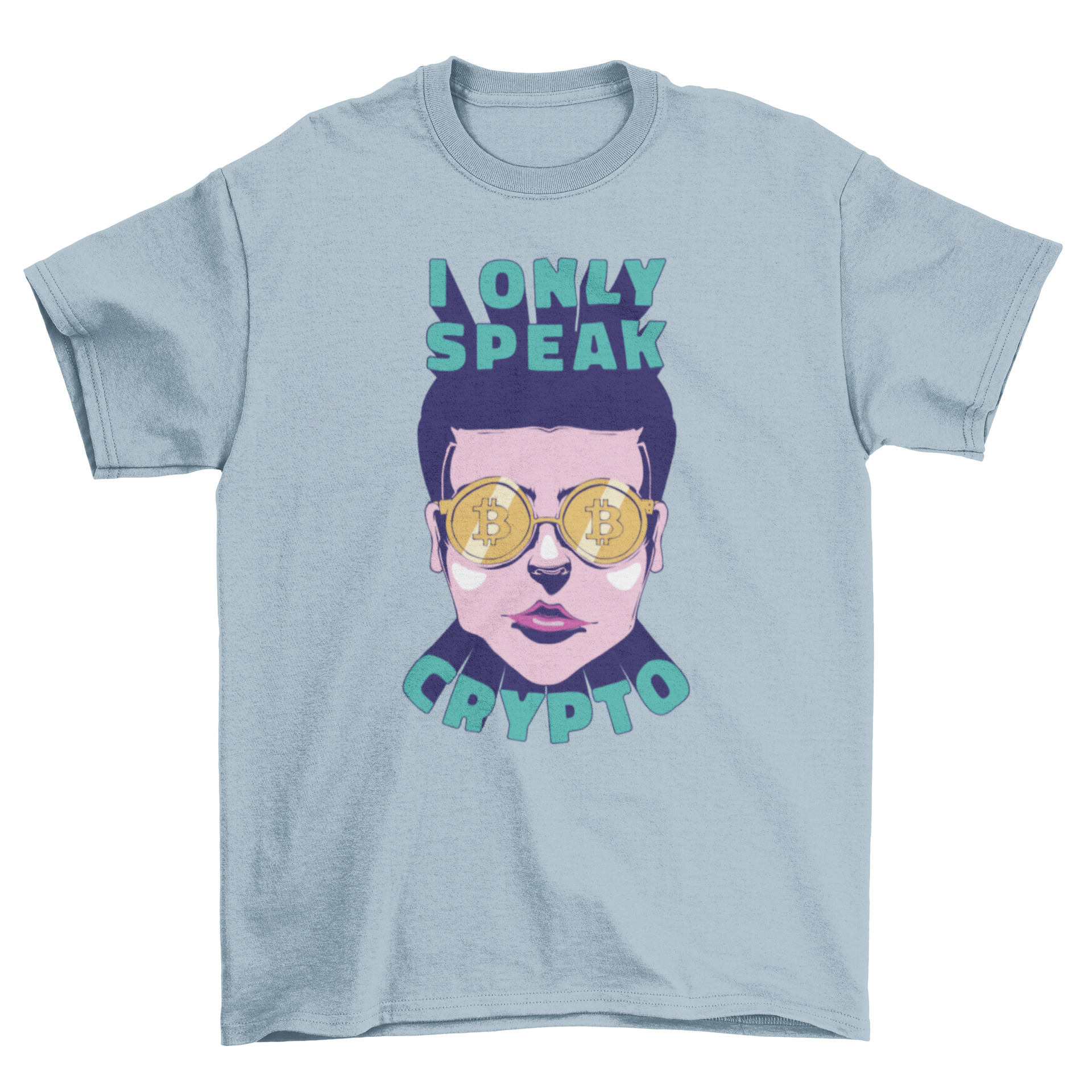 A stylish t-shirt featuring a man wearing cryptocurrency glasses and the quote 'I only speak crypto'.