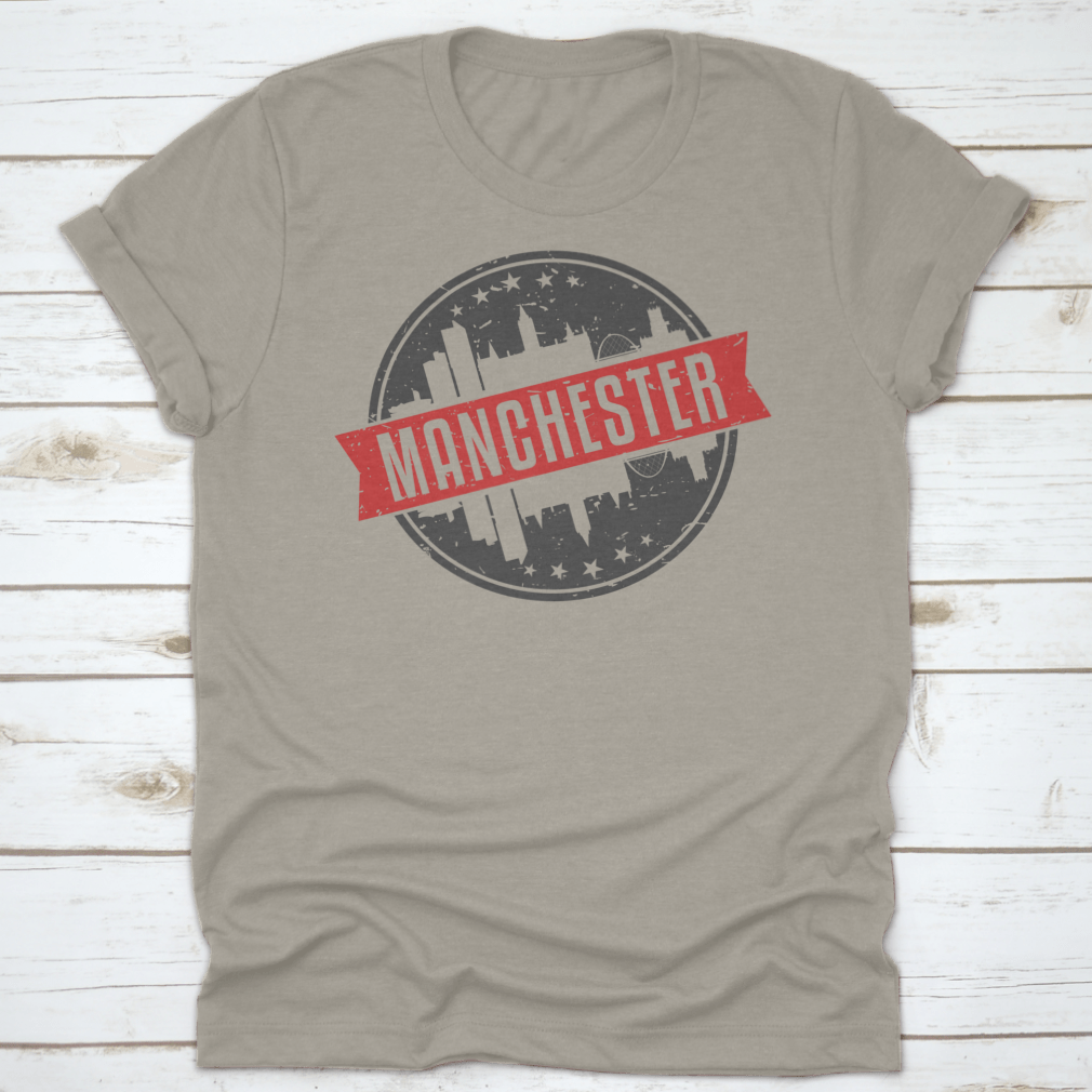 Manchester England Round Travel Stamp Icon Skyline design on a cotton garment, showcasing the city's iconic skyline.