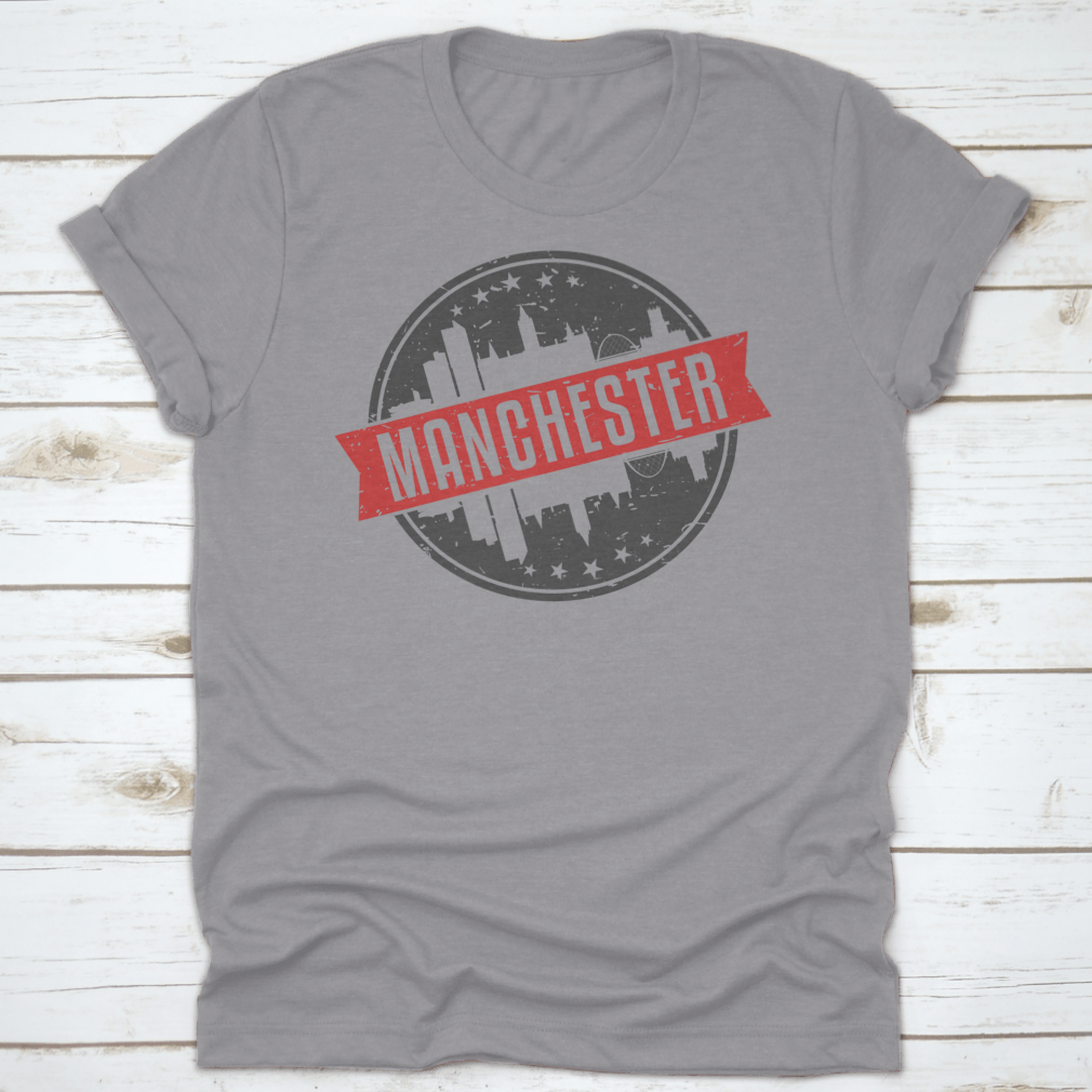 Manchester England Round Travel Stamp Icon Skyline design on a cotton garment, showcasing the city's iconic skyline.