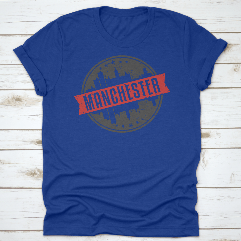 Manchester England Round Travel Stamp Icon Skyline design on a cotton garment, showcasing the city's iconic skyline.