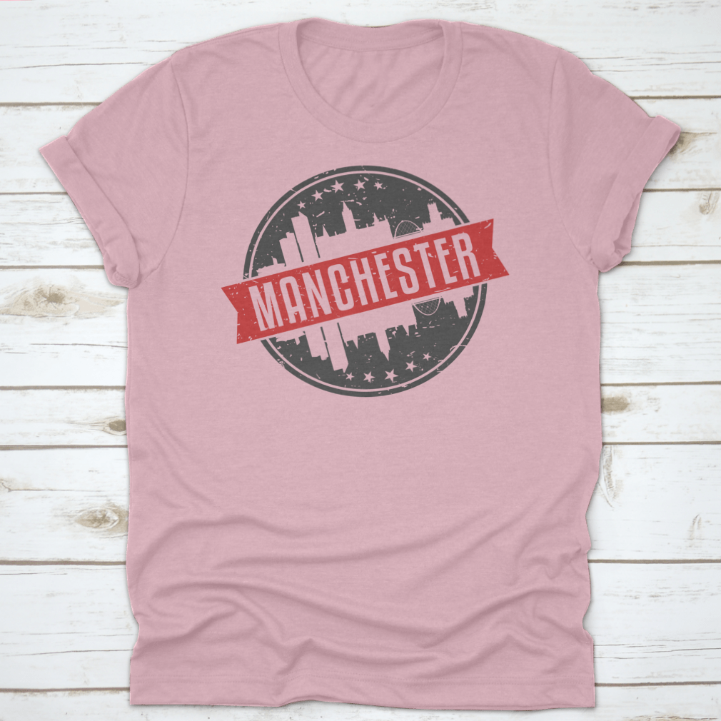 Manchester England Round Travel Stamp Icon Skyline design on a cotton garment, showcasing the city's iconic skyline.