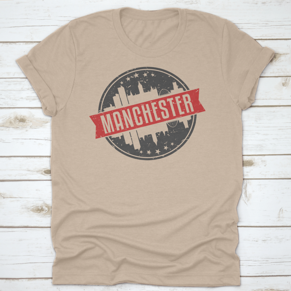 Manchester England Round Travel Stamp Icon Skyline design on a cotton garment, showcasing the city's iconic skyline.