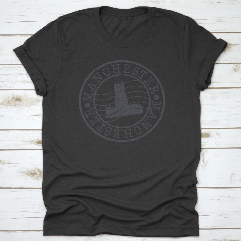 Manchester England Stamp Postal T-shirt featuring a silhouette seal design, made from 100% cotton for comfort.