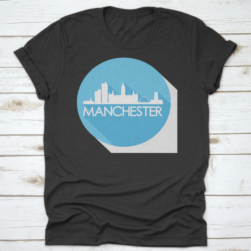 Manchester United Kingdom Flat Icon Skyline silhouette design on a stylish cotton t-shirt, showcasing the iconic city skyline.