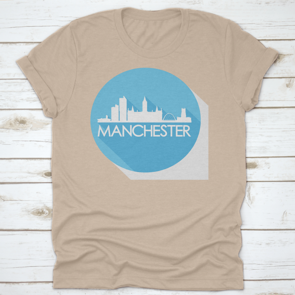 Manchester United Kingdom Flat Icon Skyline silhouette design on a stylish cotton t-shirt, showcasing the iconic city skyline.