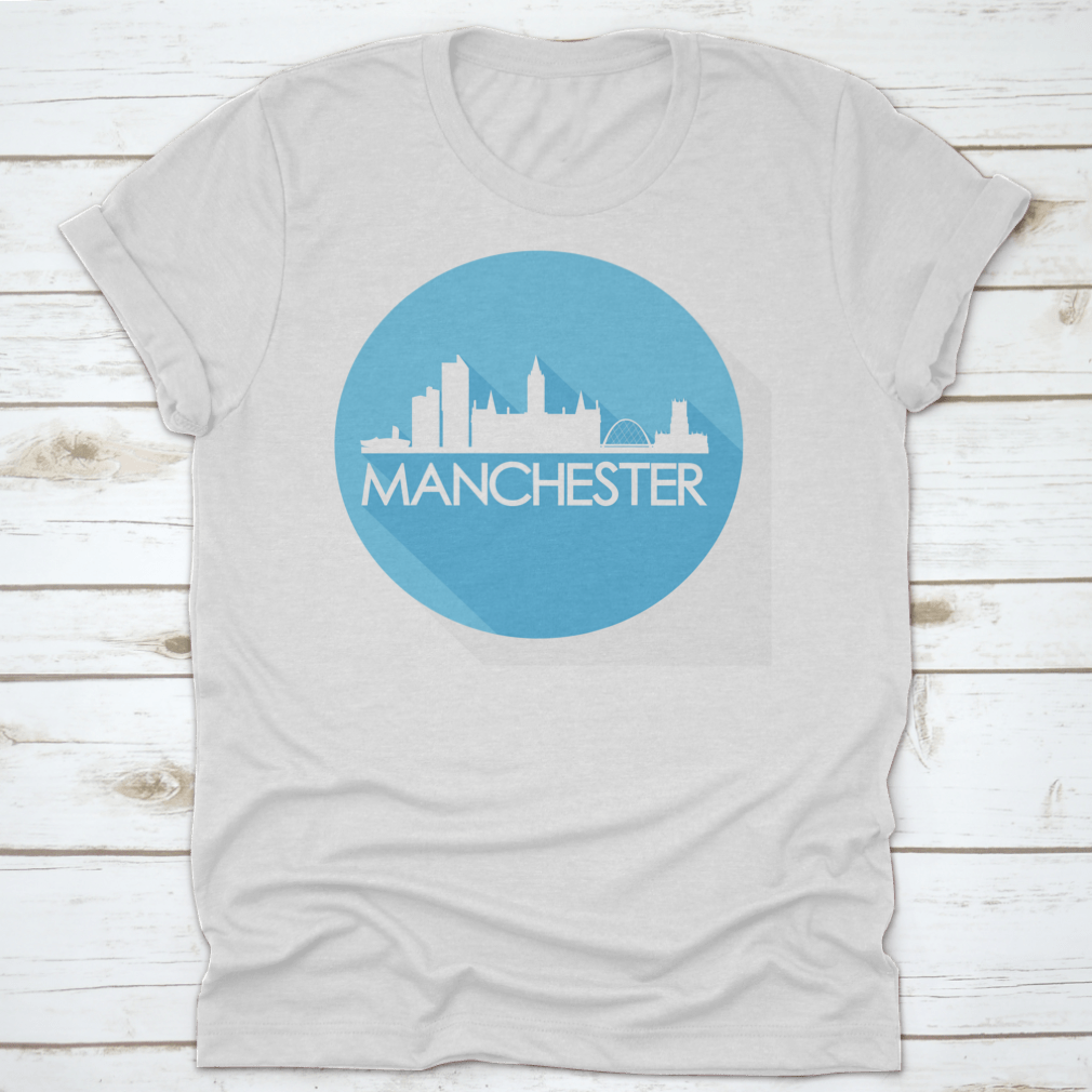 Manchester United Kingdom Flat Icon Skyline silhouette design on a stylish cotton t-shirt, showcasing the iconic city skyline.