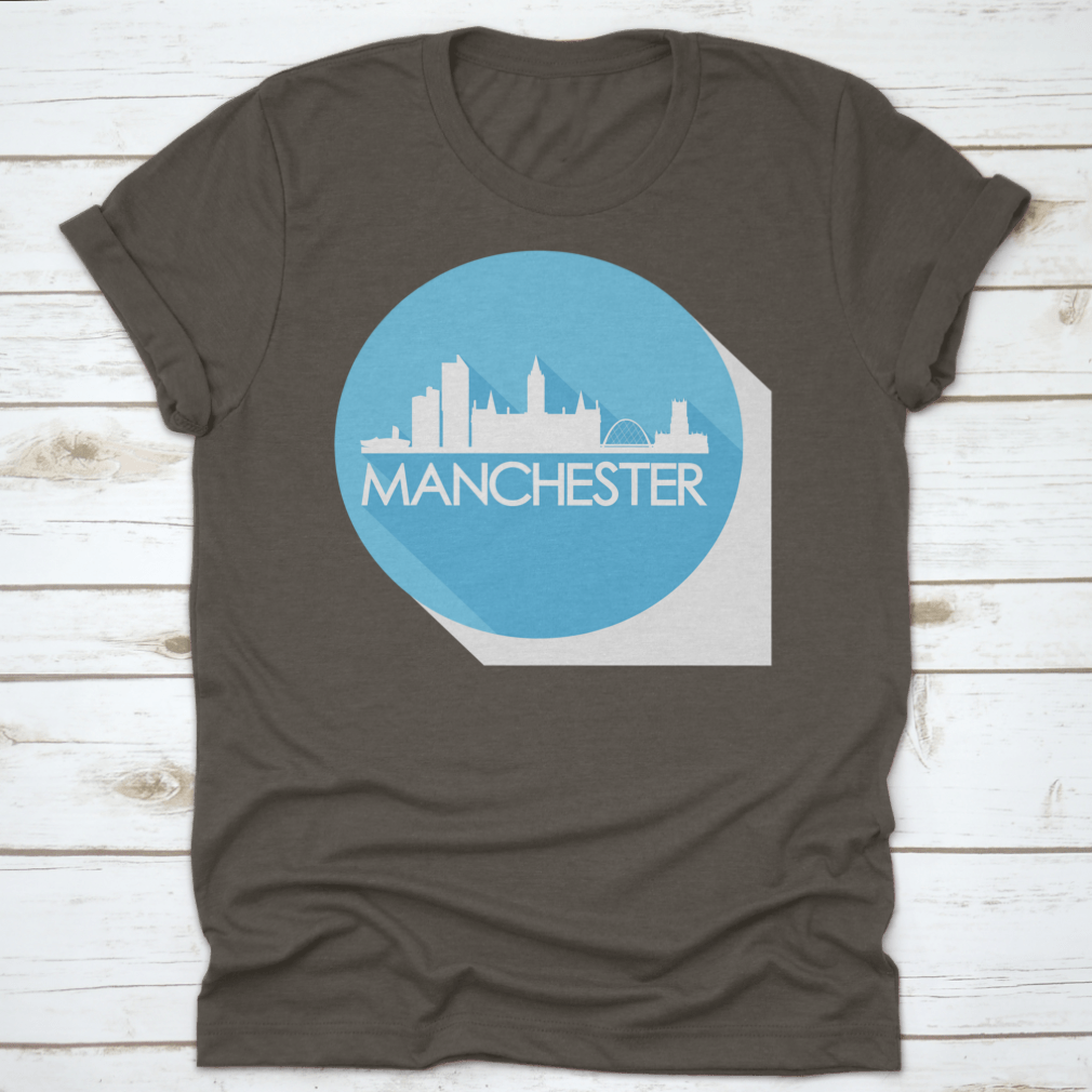 Manchester United Kingdom Flat Icon Skyline silhouette design on a stylish cotton t-shirt, showcasing the iconic city skyline.