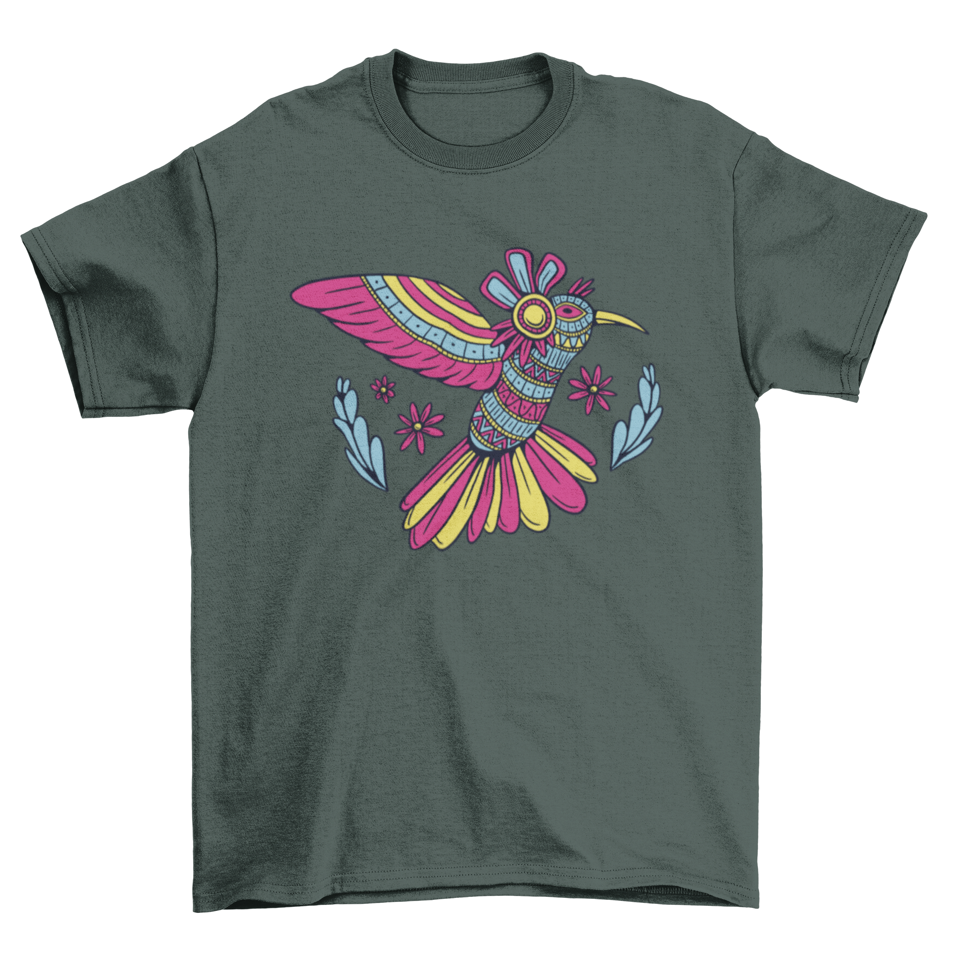 Mandala hummingbird t-shirt featuring intricate mandala-style illustration of a hummingbird in vibrant colors.