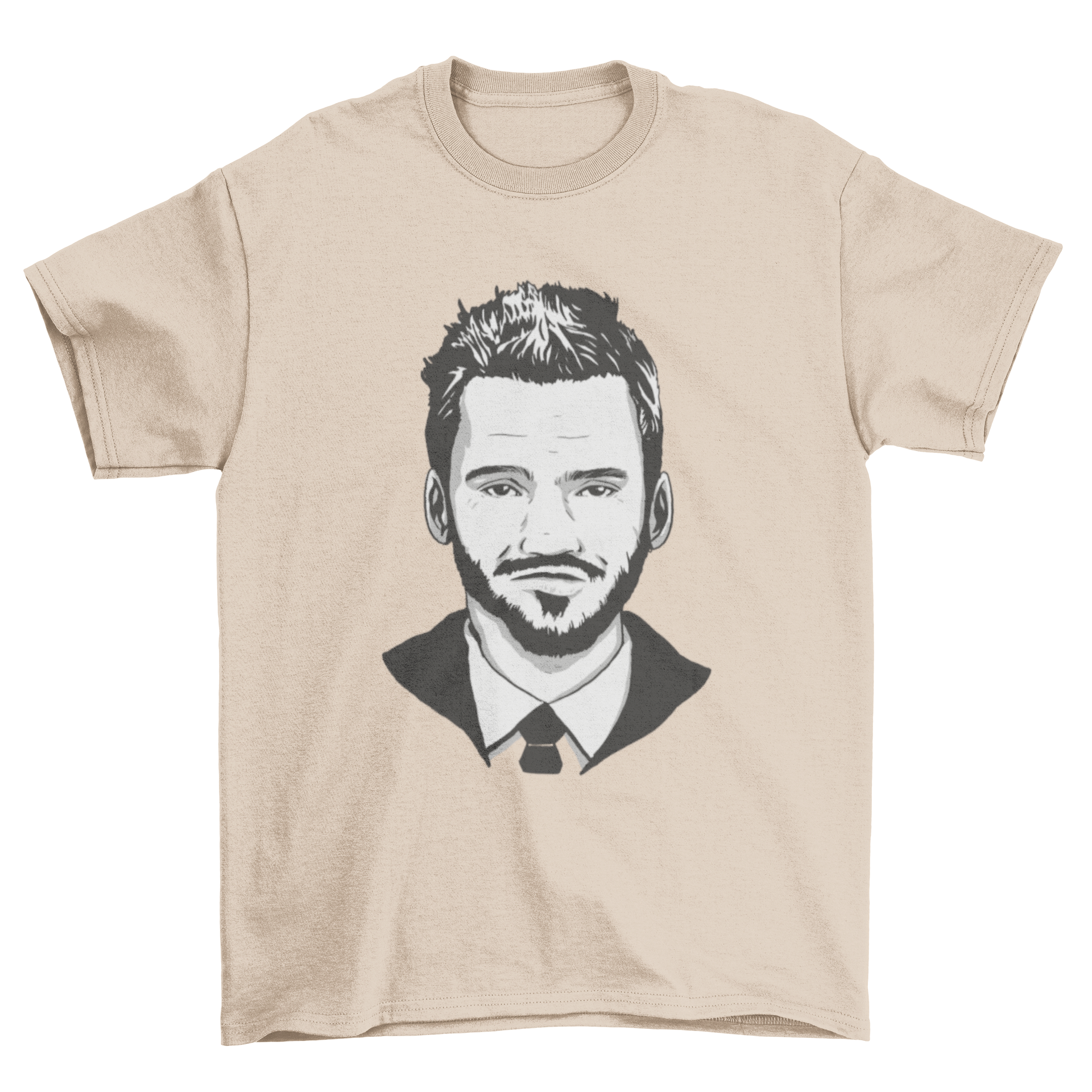 A stylish black and white t-shirt featuring a realistic portrait of an adult man's face, showcasing intricate details and artistic flair.