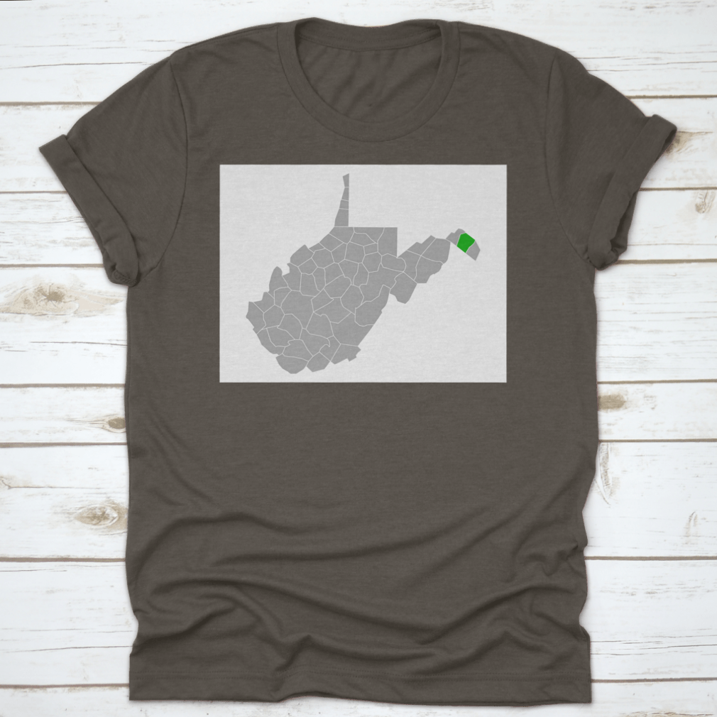 A stylish white shirt featuring a map design of Berkeley, West Virginia, showcasing its unique California-inspired artwork.