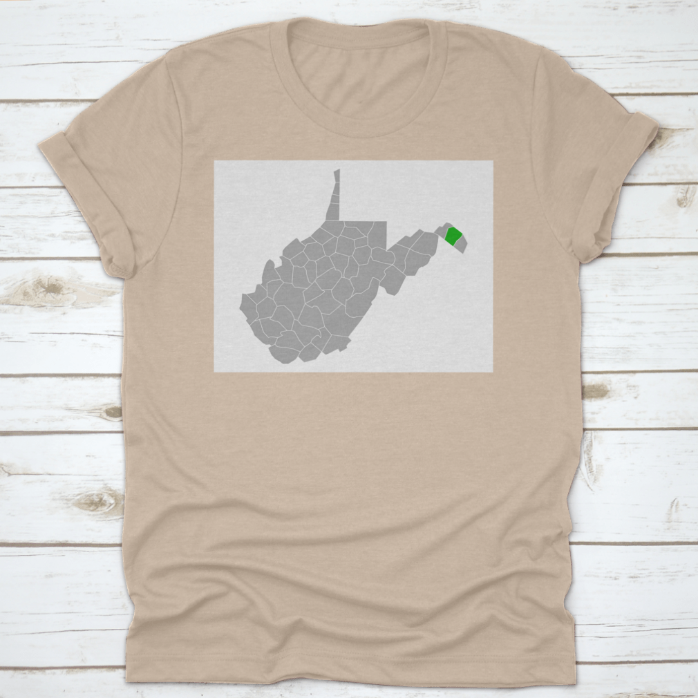 A stylish white shirt featuring a map design of Berkeley, West Virginia, showcasing its unique California-inspired artwork.