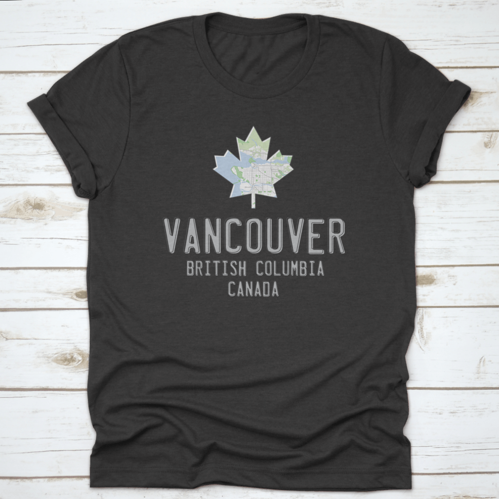 A stylish map of Vancouver, British Columbia, designed inside a classic maple leaf, showcasing Canadian pride.