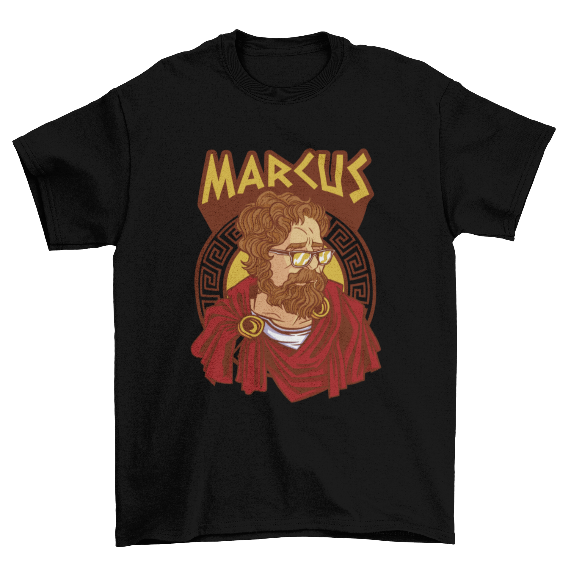 Marcus Aurelius t-shirt featuring a graphic of the philosopher in Greek attire with modern glasses and the quote 'Marcus'.
