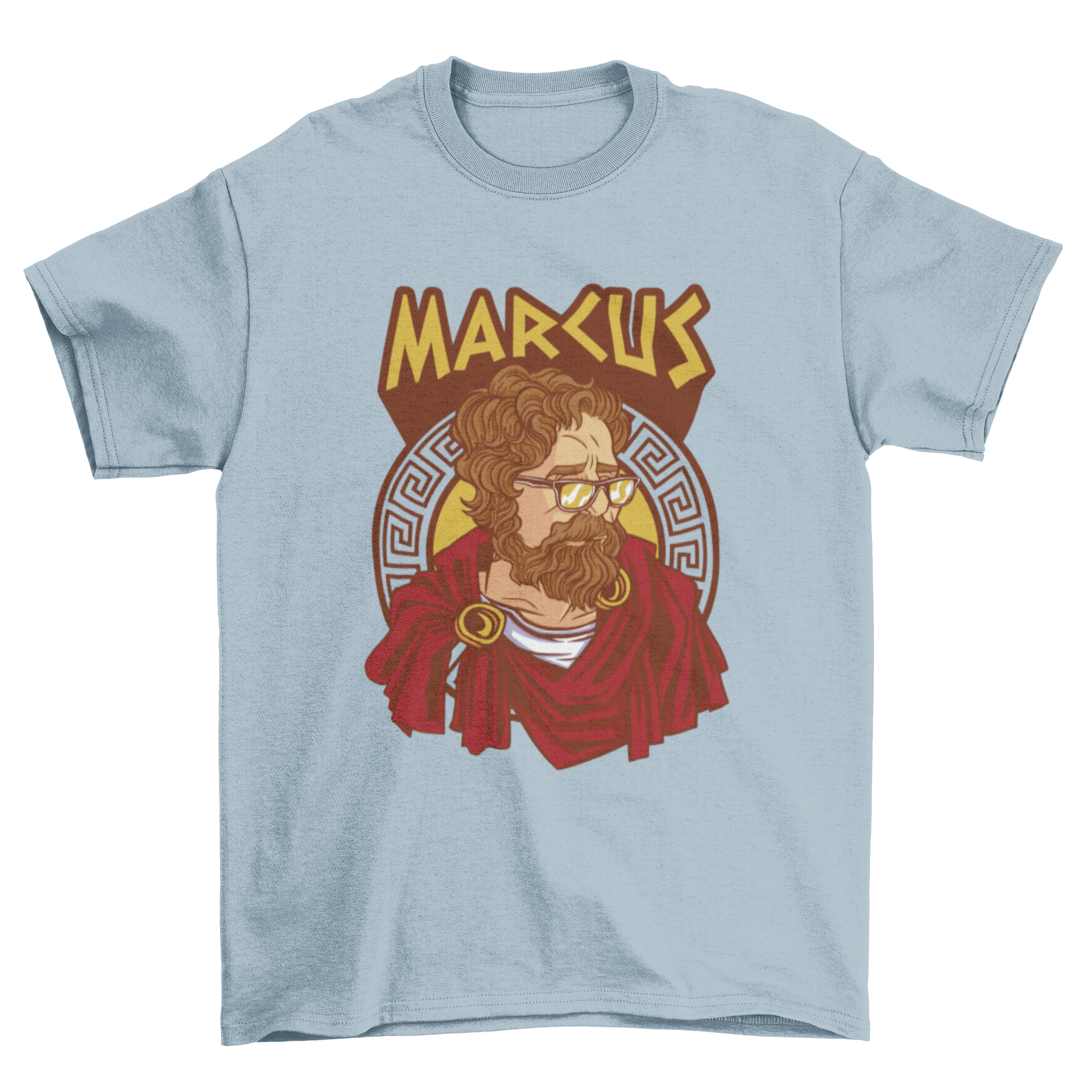 Marcus Aurelius t-shirt featuring a graphic of the philosopher in Greek attire with modern glasses and the quote 'Marcus'.