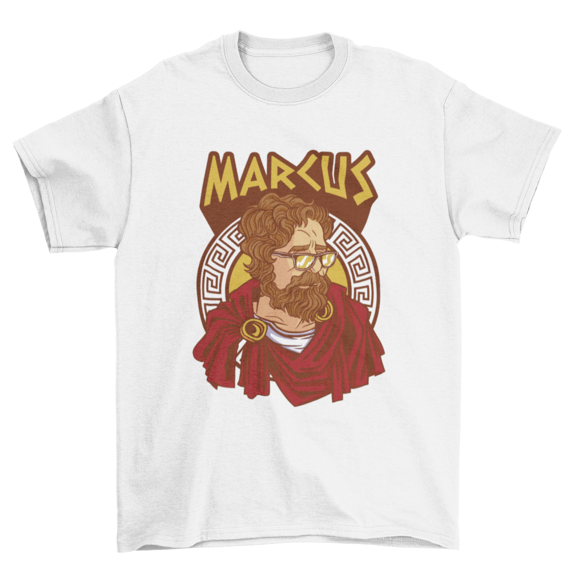 Marcus Aurelius t-shirt featuring a graphic of the philosopher in Greek attire with modern glasses and the quote 'Marcus'.