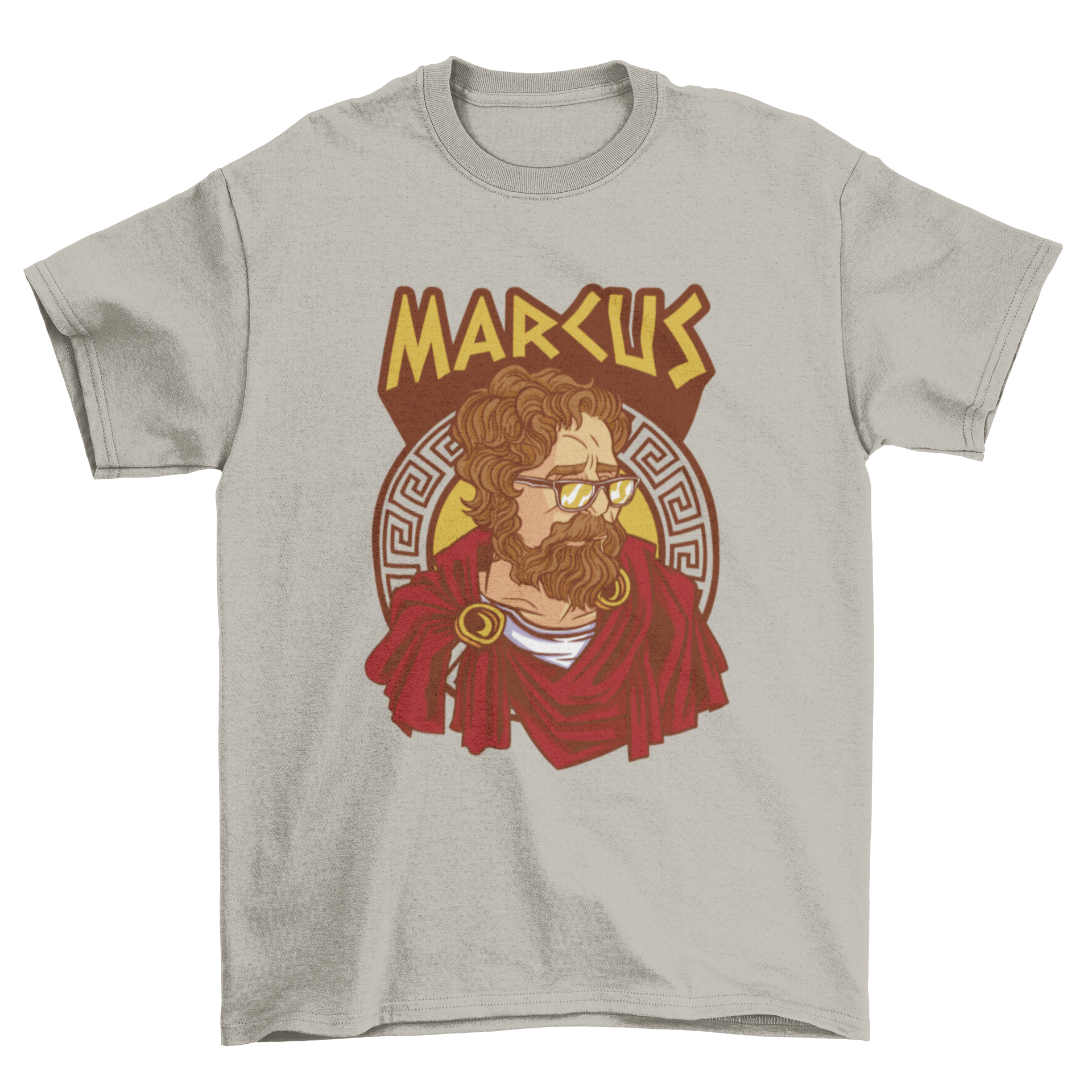 Marcus Aurelius t-shirt featuring a graphic of the philosopher in Greek attire with modern glasses and the quote 'Marcus'.