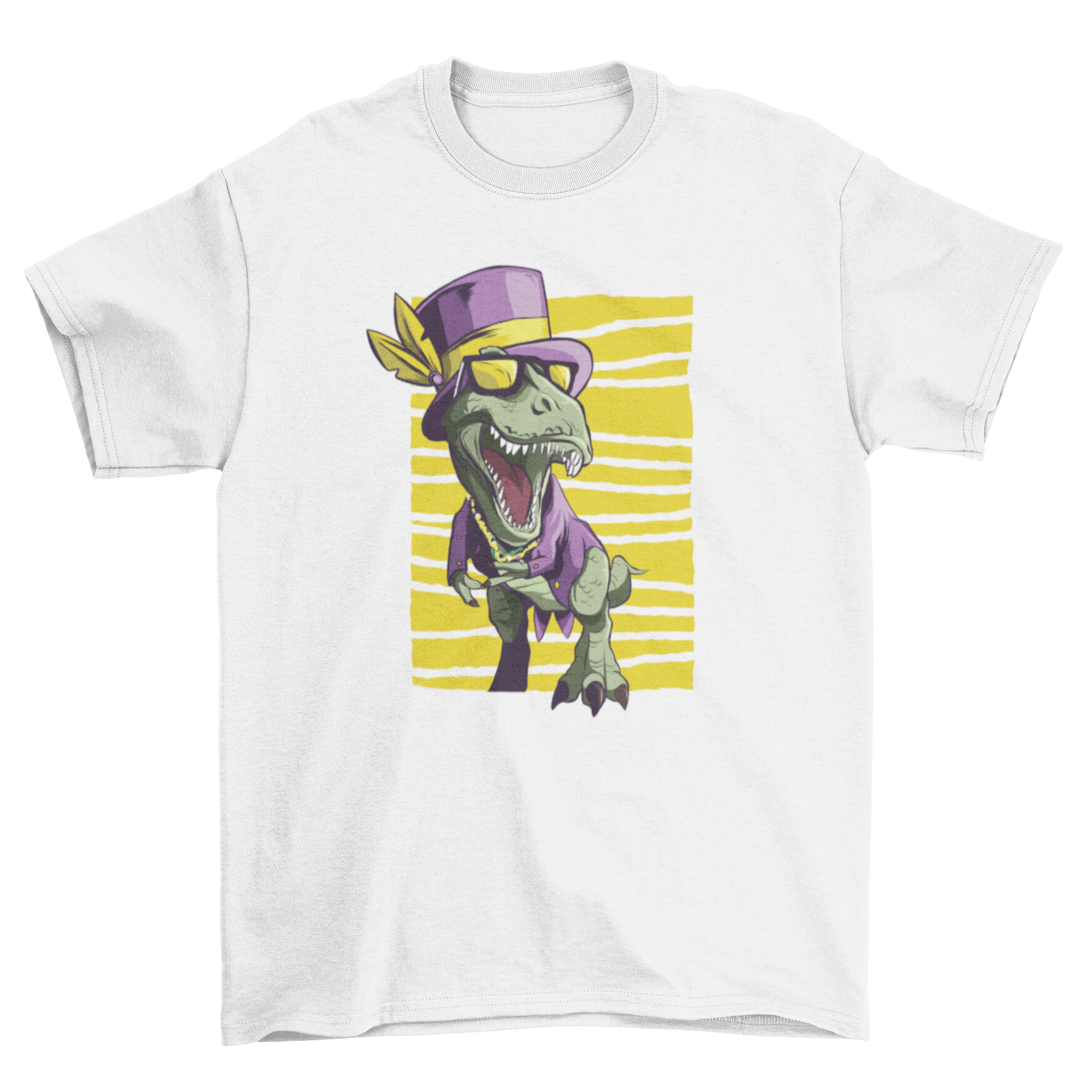 Mardi Gras Dinosaur T-Shirt featuring a colorful dinosaur in festive attire with beads and a mask.