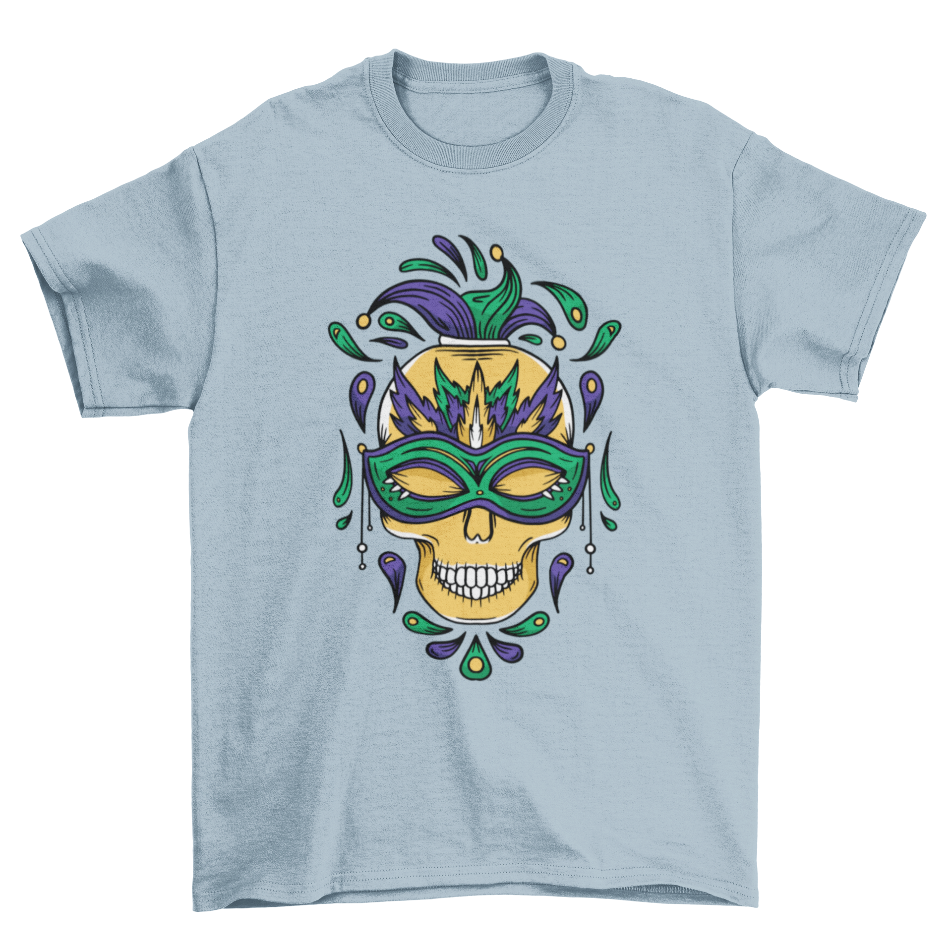 Mardi Gras skull t-shirt featuring a skull with a colorful mask and feathers, perfect for festive celebrations.
