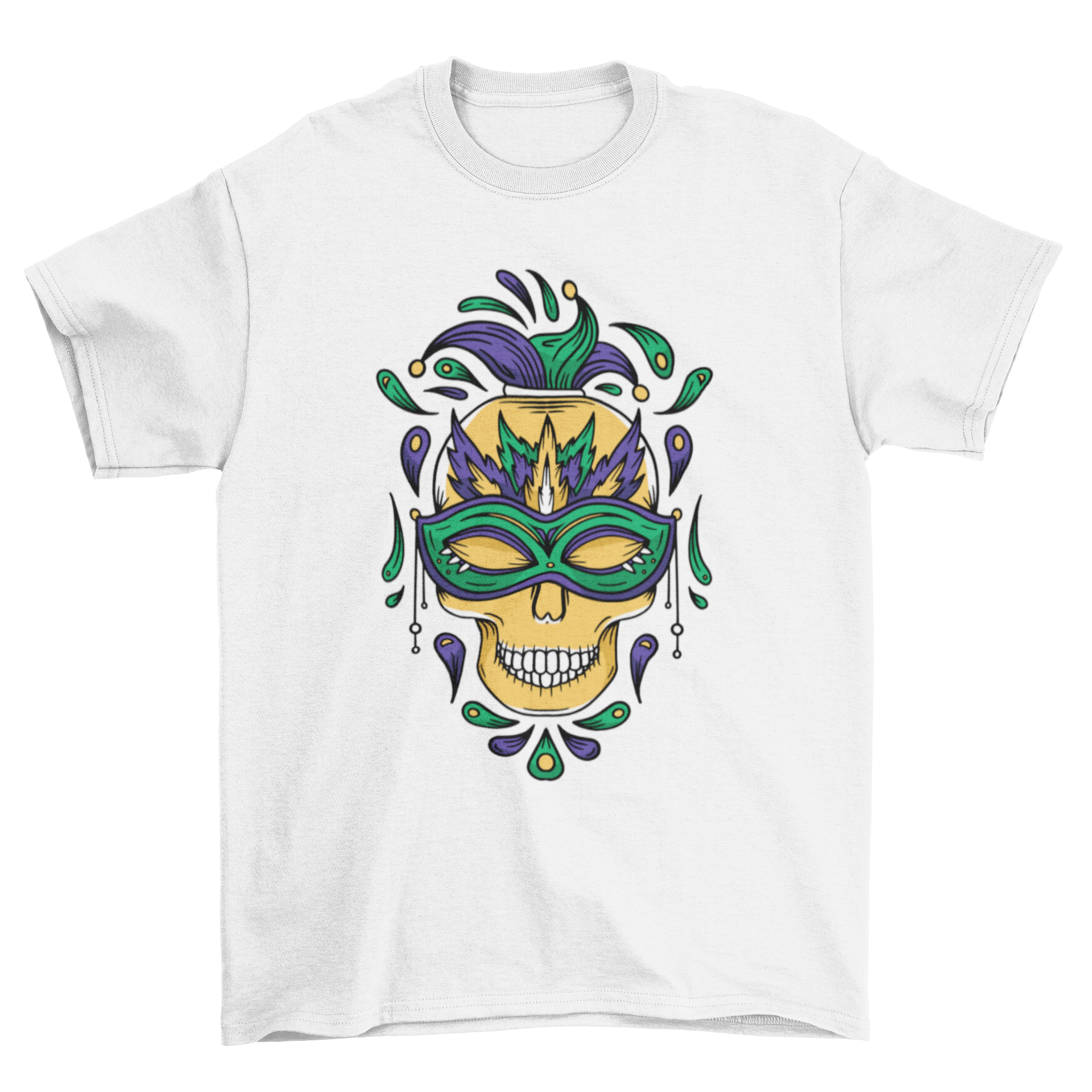 Mardi Gras skull t-shirt featuring a skull with a colorful mask and feathers, perfect for festive celebrations.