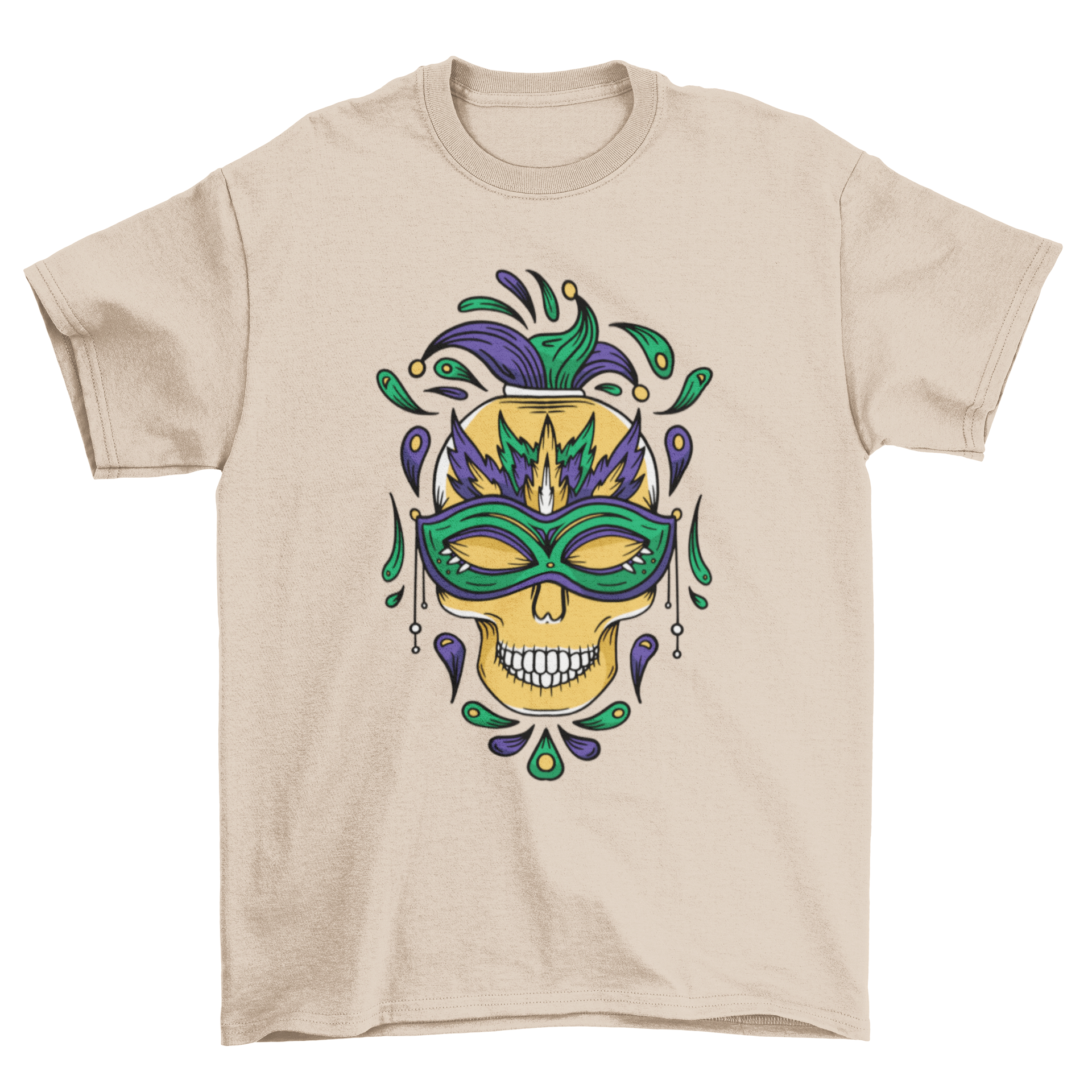 Mardi Gras skull t-shirt featuring a skull with a colorful mask and feathers, perfect for festive celebrations.