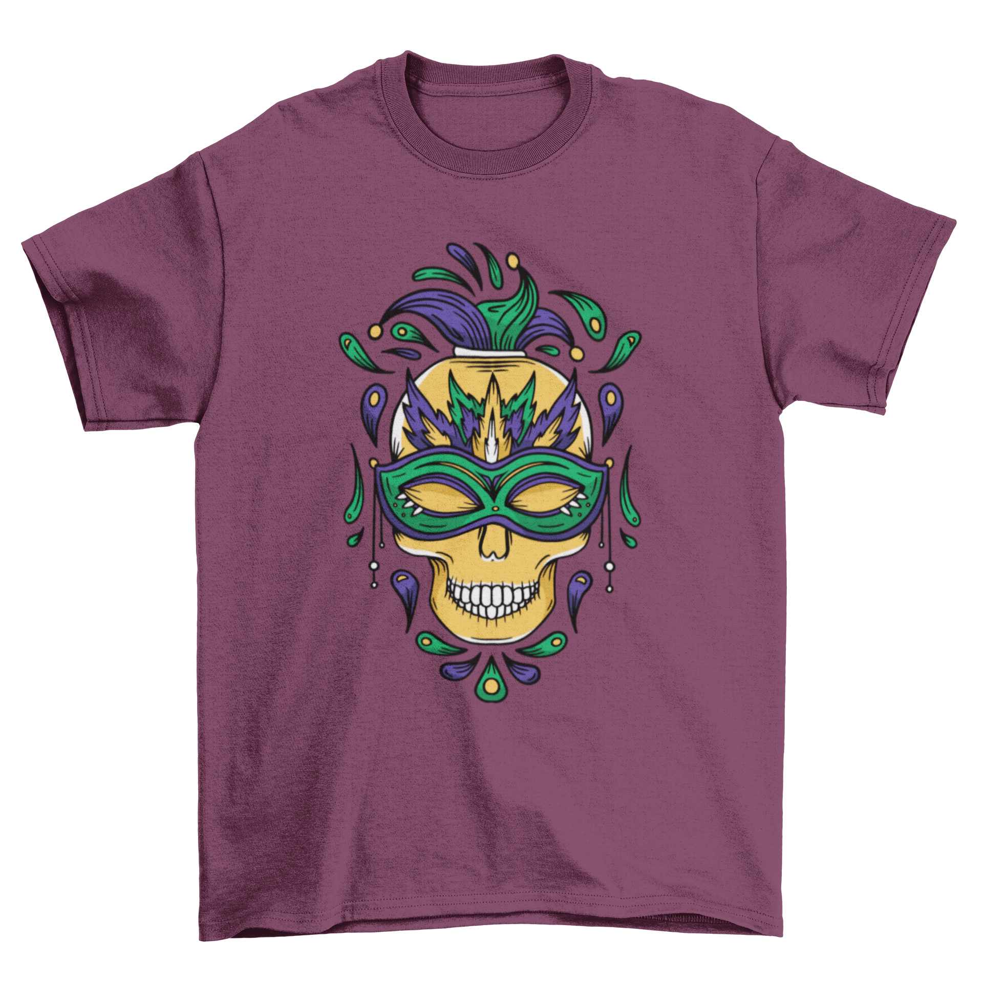 Mardi Gras skull t-shirt featuring a skull with a colorful mask and feathers, perfect for festive celebrations.