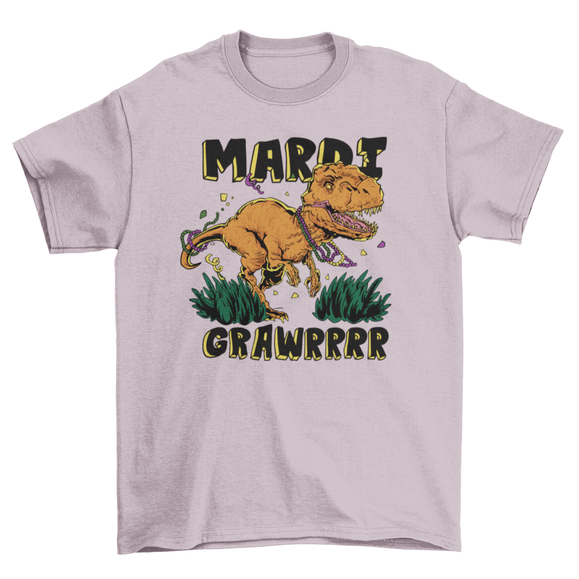 Funny Mardi Gras T-Rex Grawr T-shirt featuring a playful dinosaur graphic and festive text.