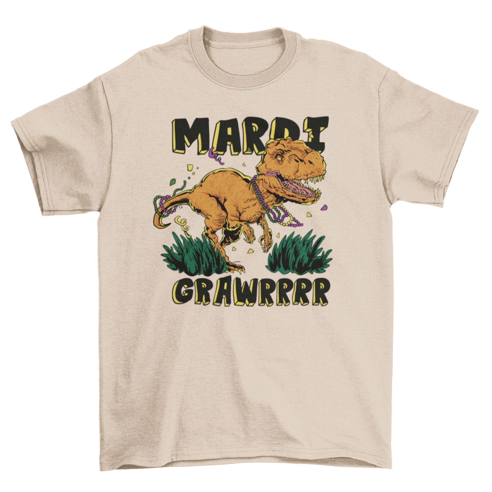 Funny Mardi Gras T-Rex Grawr T-shirt featuring a playful dinosaur graphic and festive text.
