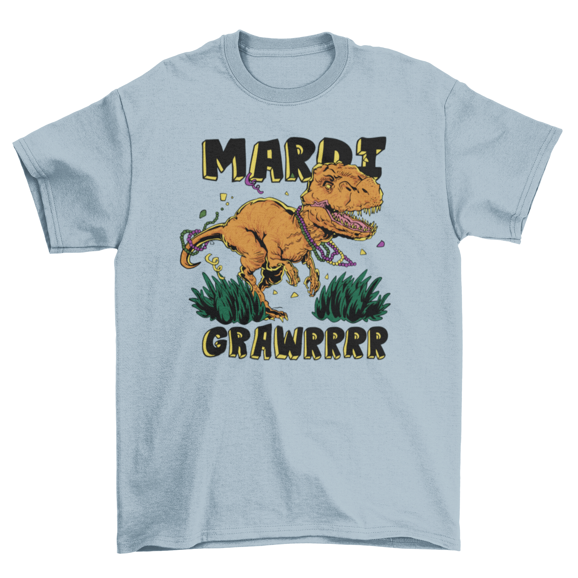 Funny Mardi Gras T-Rex Grawr T-shirt featuring a playful dinosaur graphic and festive text.