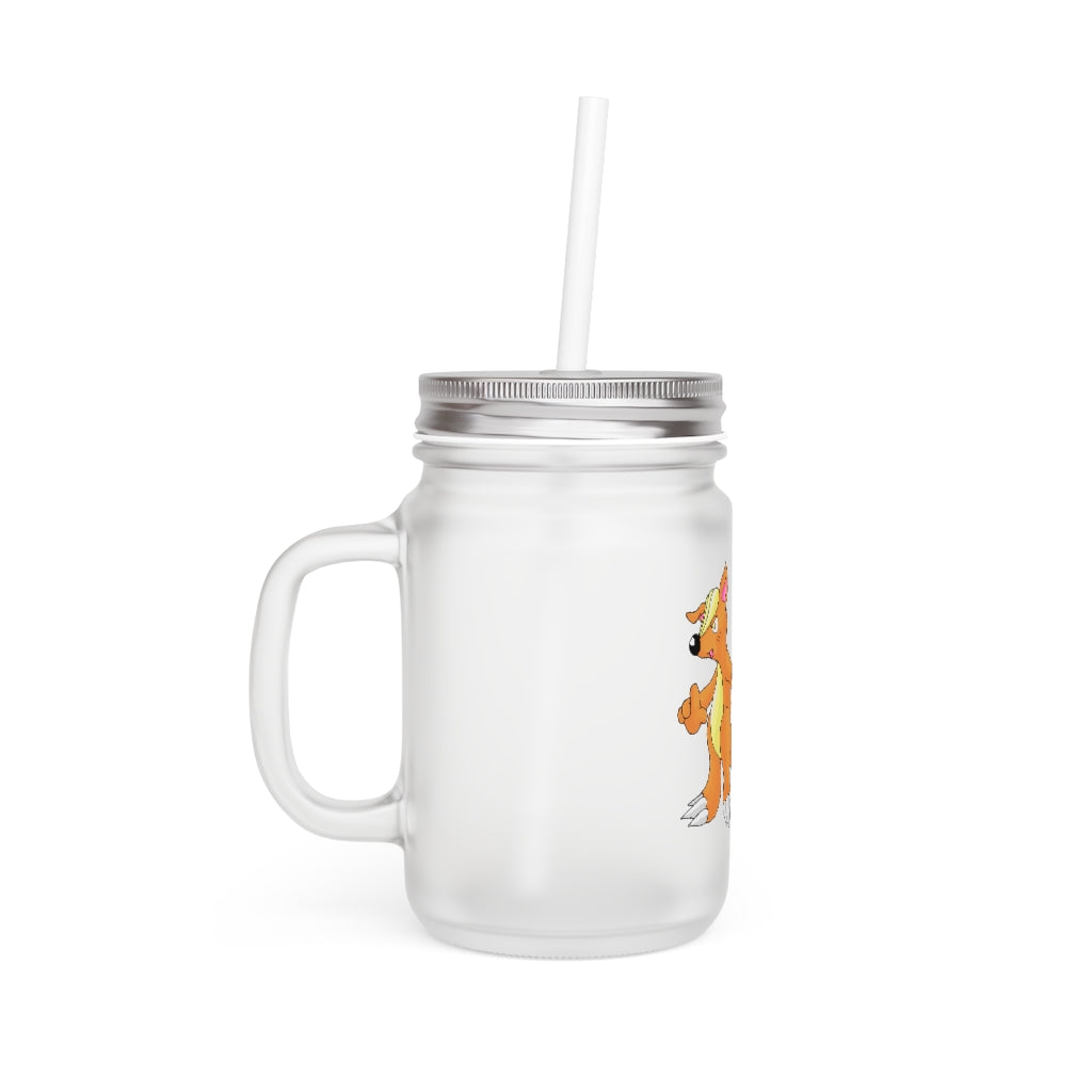 A stylish Marick Mason Jar made of frosted glass, featuring a straw and lid, perfect for personalized drinks.