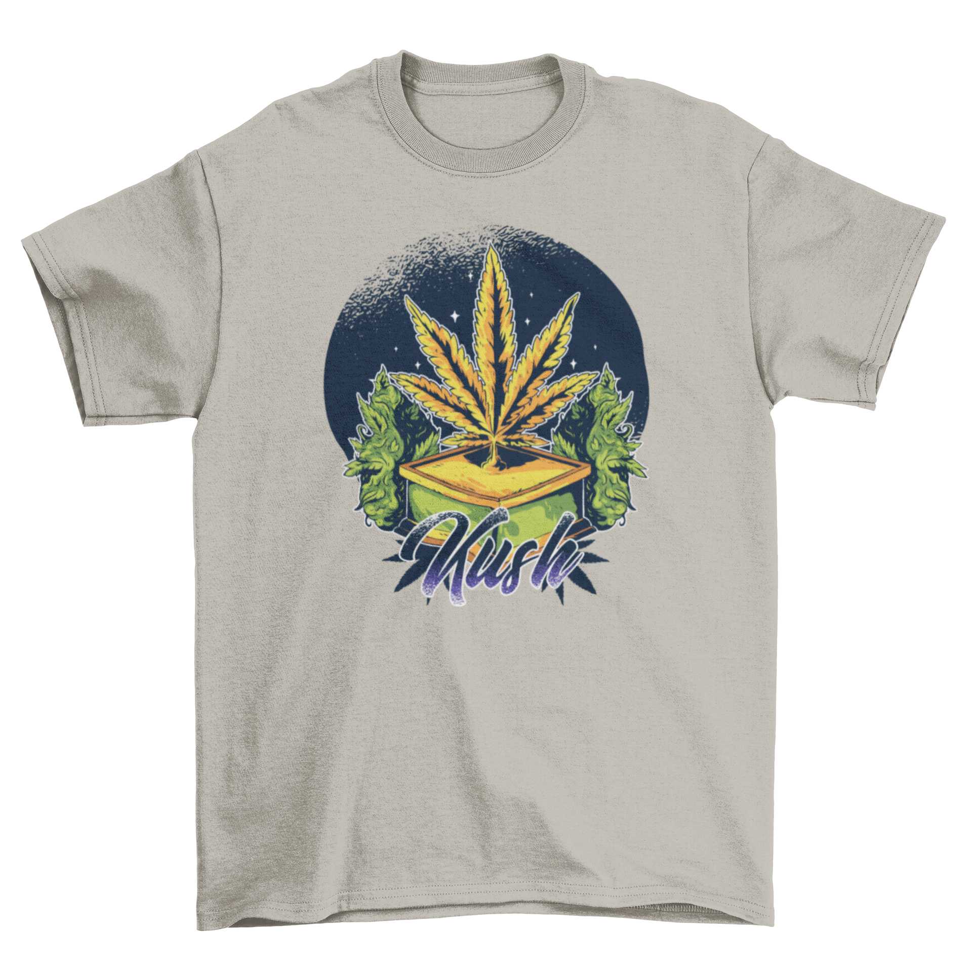 Marijuana Kush T-shirt featuring a vibrant marijuana leaf graphic and the word KUSH, perfect for cannabis enthusiasts.