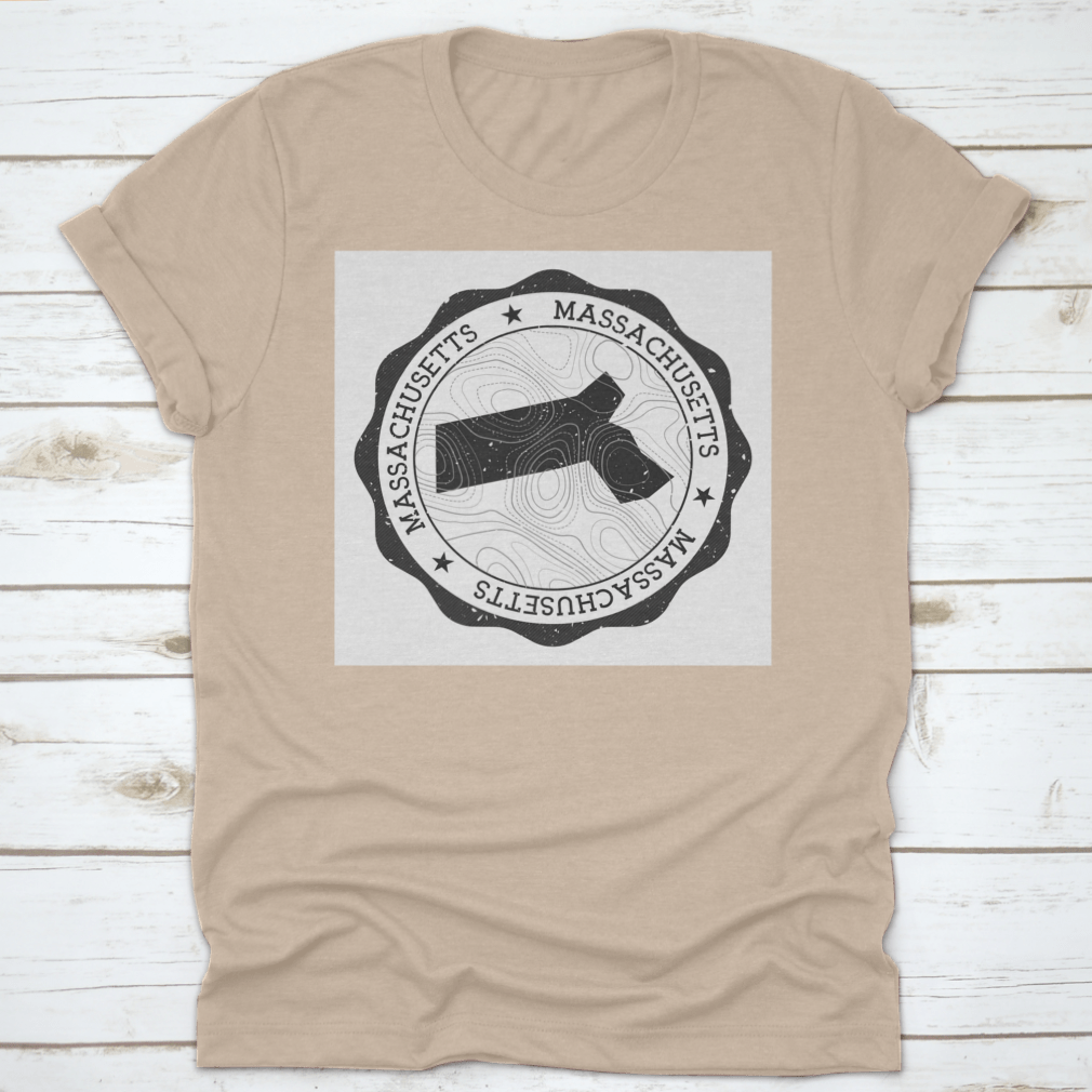 Round sticker featuring a detailed map of Massachusetts, showcasing the state's landmarks and outdoor attractions.